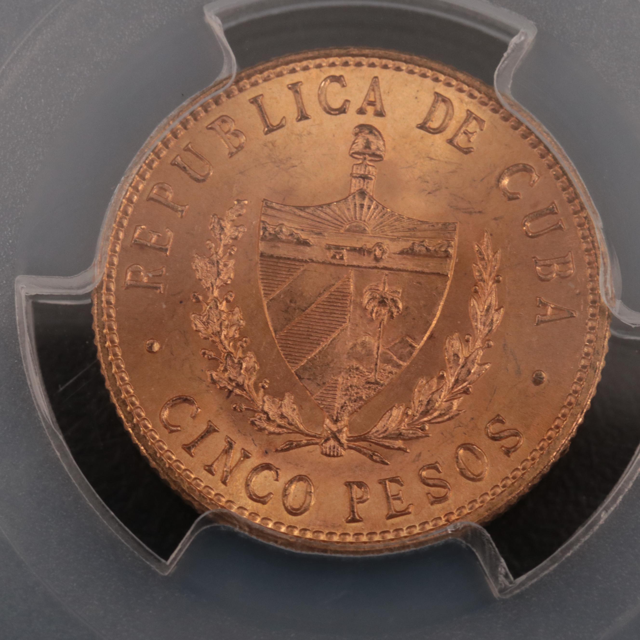 PCGS Graded MS64 1916 Cuba Five Peso Gold Coin