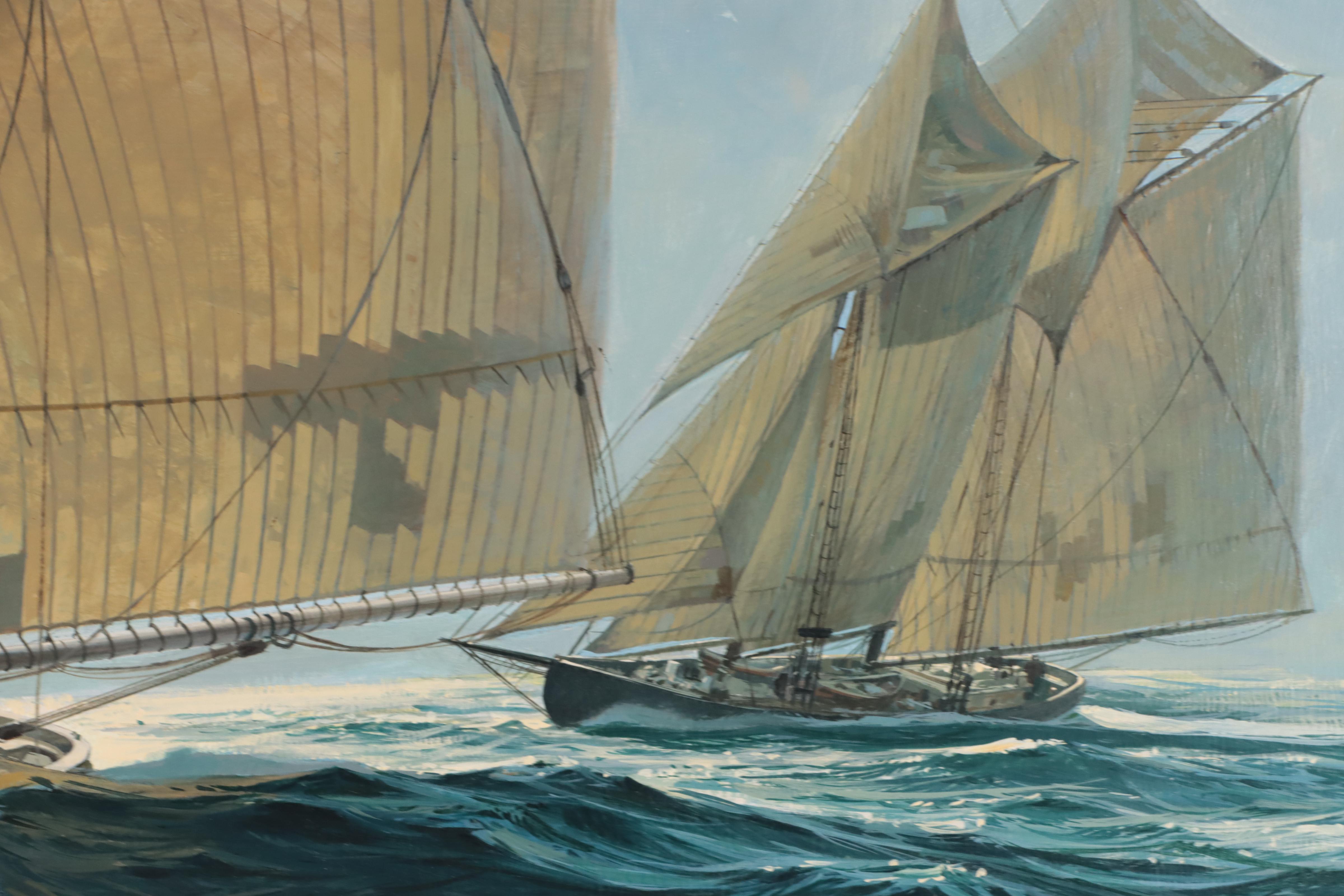 Thomas Hoyne Nautical Oil Painting of Fishing Boats "Driving to Market," 1981