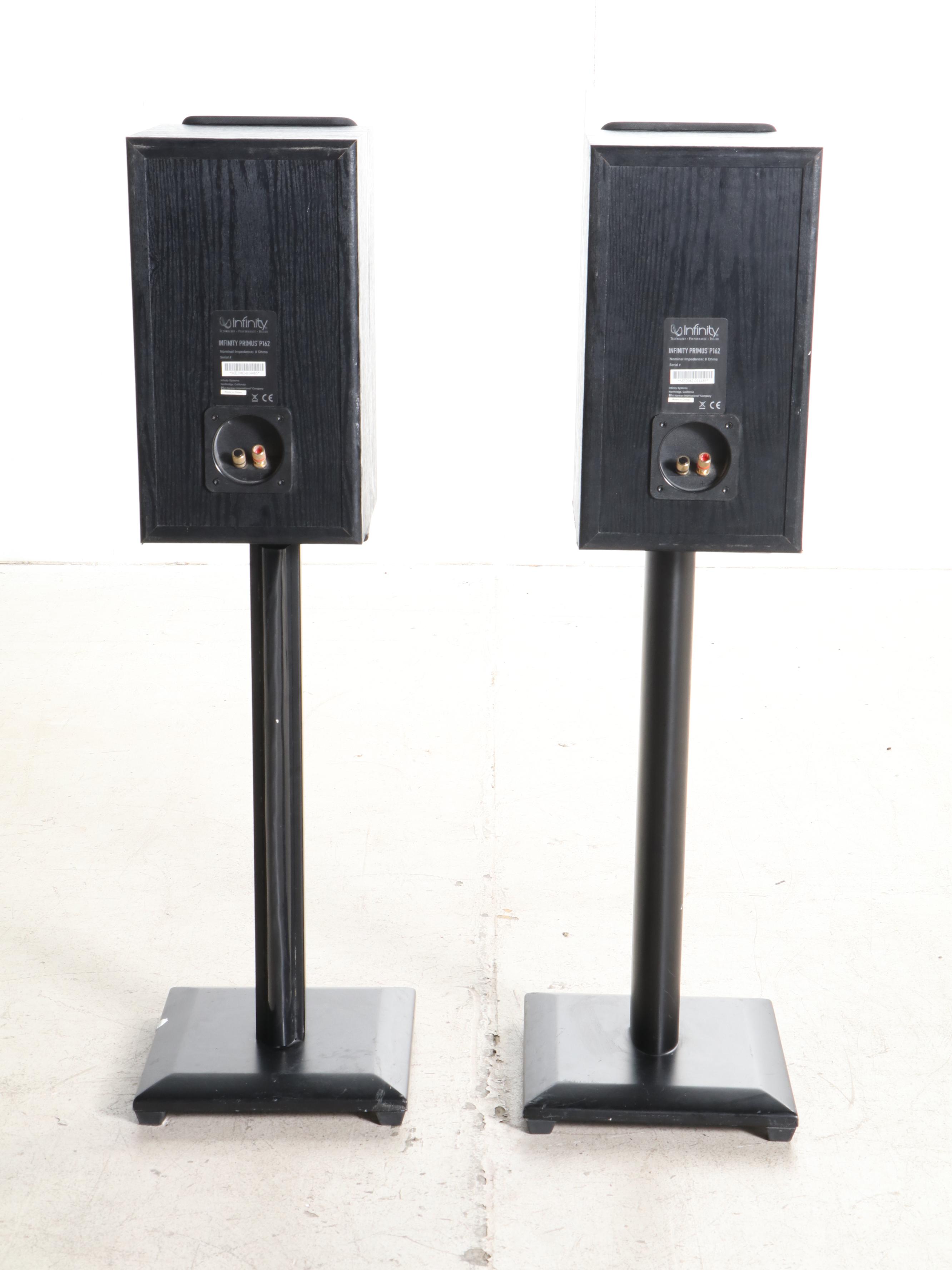 Infinity Primus Bookshelf Speakers on Stands, Sanus Full Motion TV Wall Mount