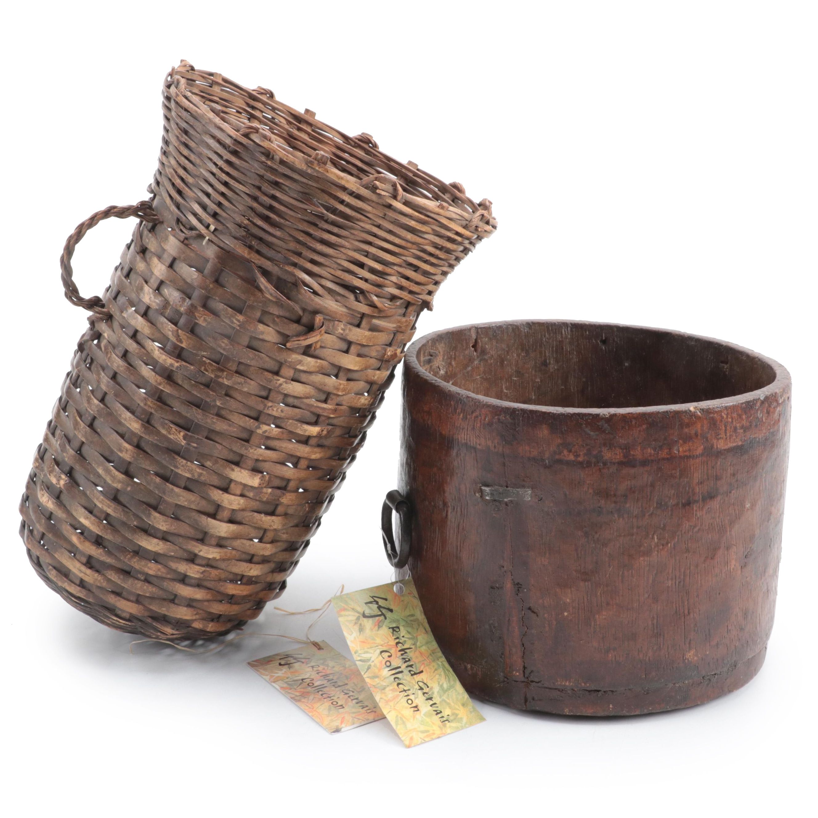 Indian Wooden Grain Measurer with Philippine Bamboo Peel Scoop Basket