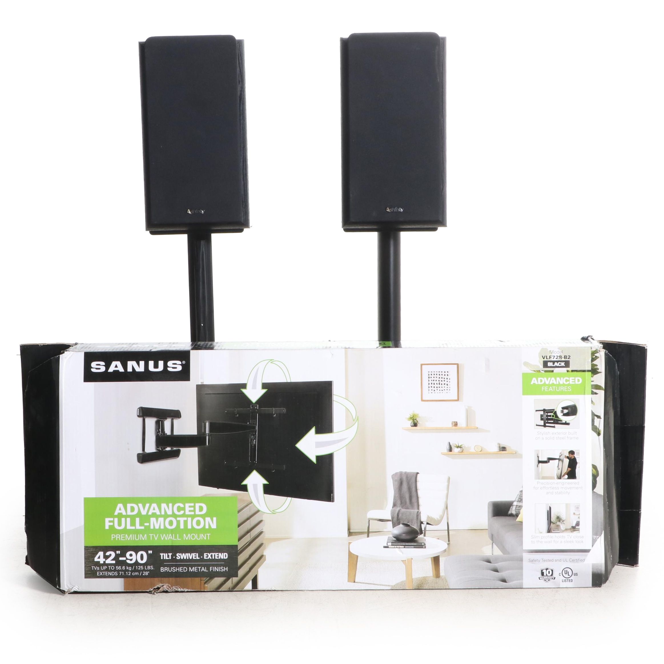 Infinity Primus Bookshelf Speakers on Stands, Sanus Full Motion TV Wall Mount