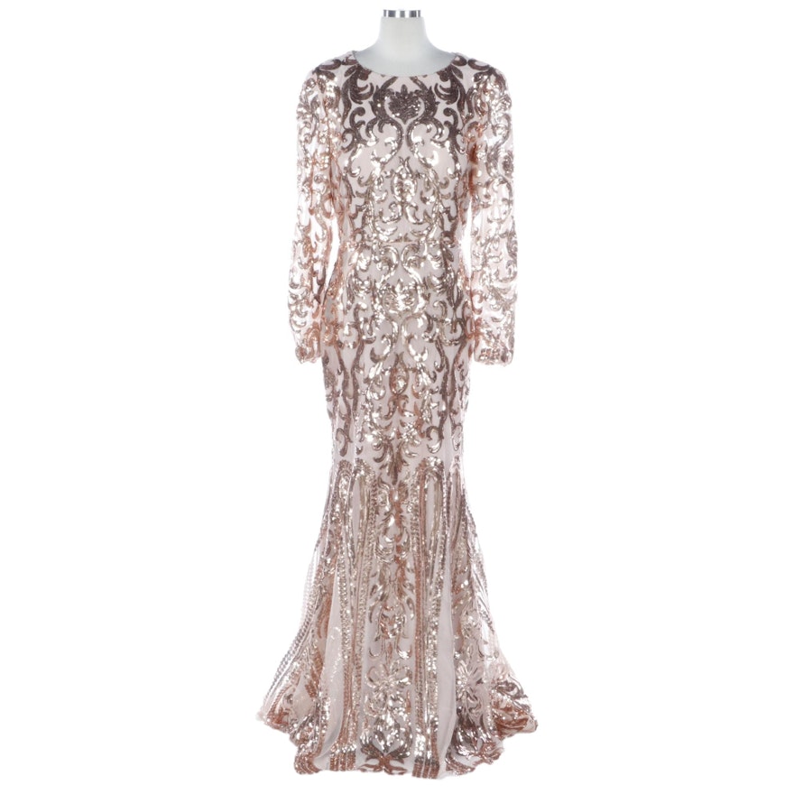 Portia & Scarlett Rose Gold Sequin Long Sleeve Gown, New with Tag