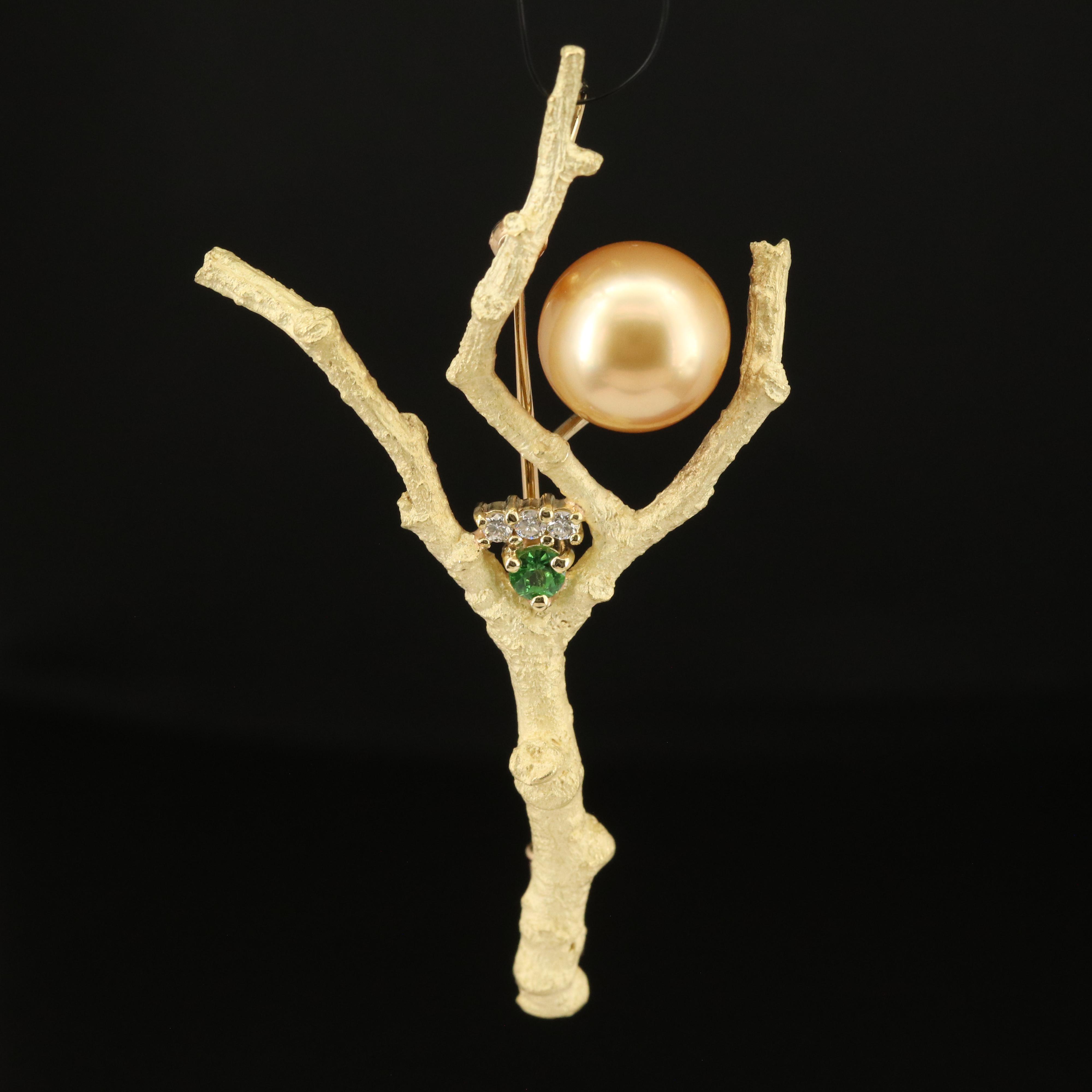 18K Pearl, Tsavorite and Diamond Converter Brooch