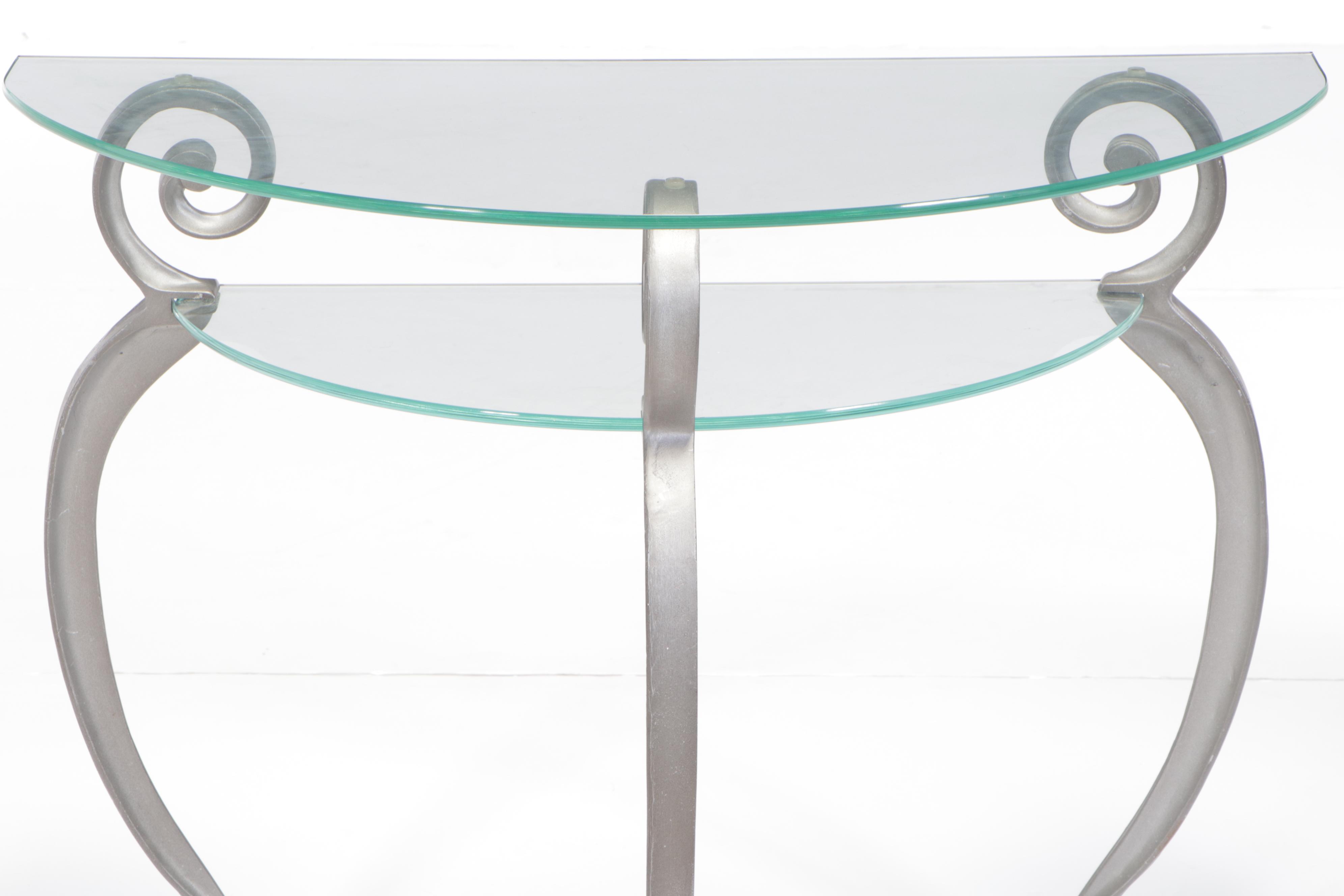 Contemporary Silver Gilt Metal and Glass Top Two-Tiered Demilune Console Table