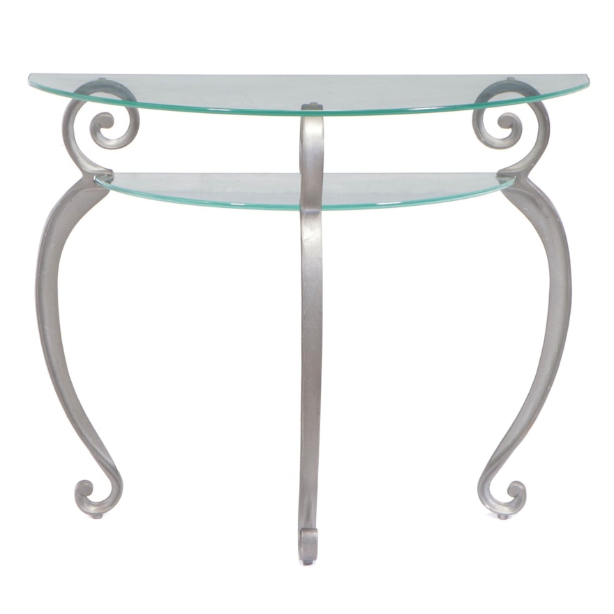 Contemporary Silver Gilt Metal and Glass Top Two-Tiered Demilune Console Table