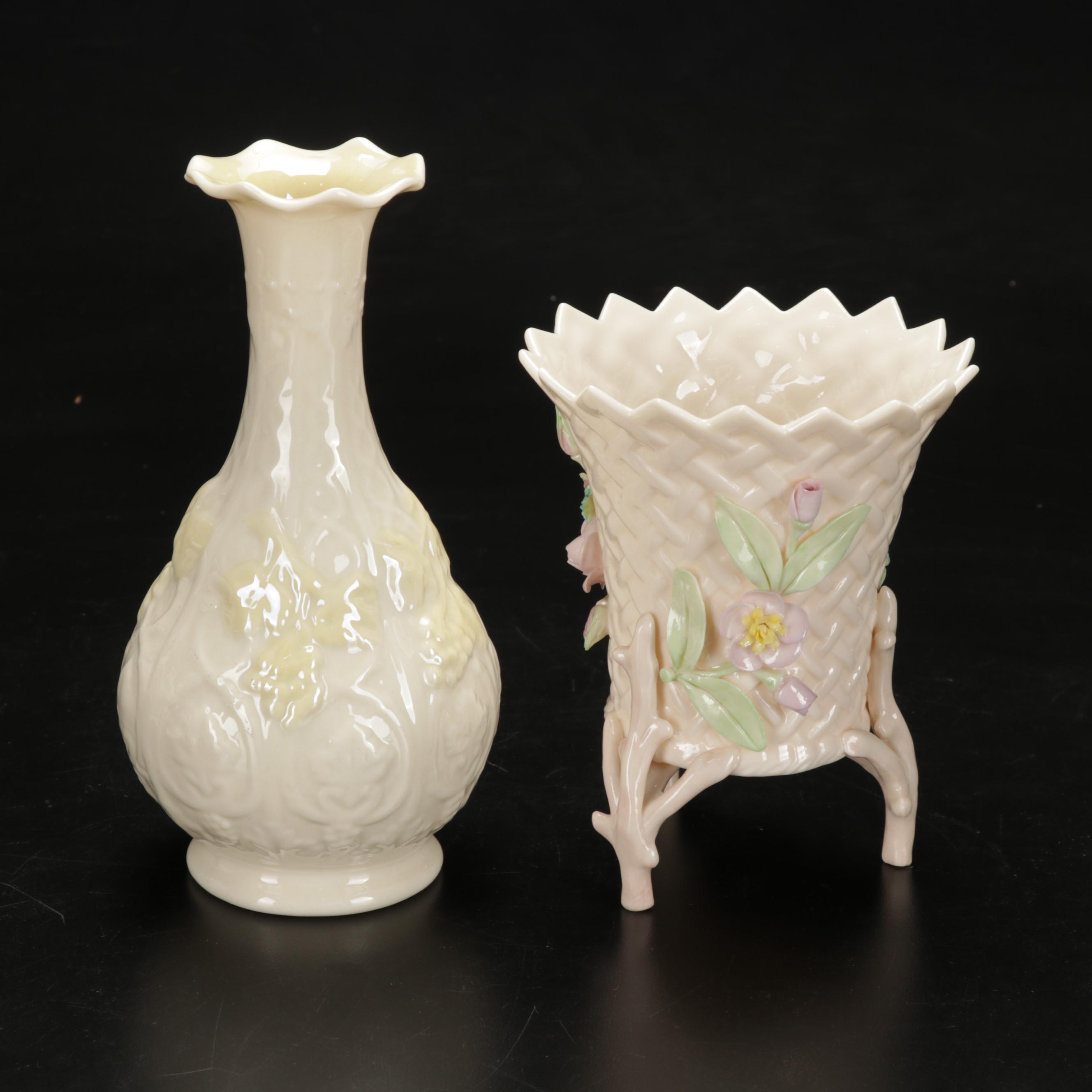 Five Pieces of Belleek Porcelain and Wedgwood Embossed Queensware Footed Bowl