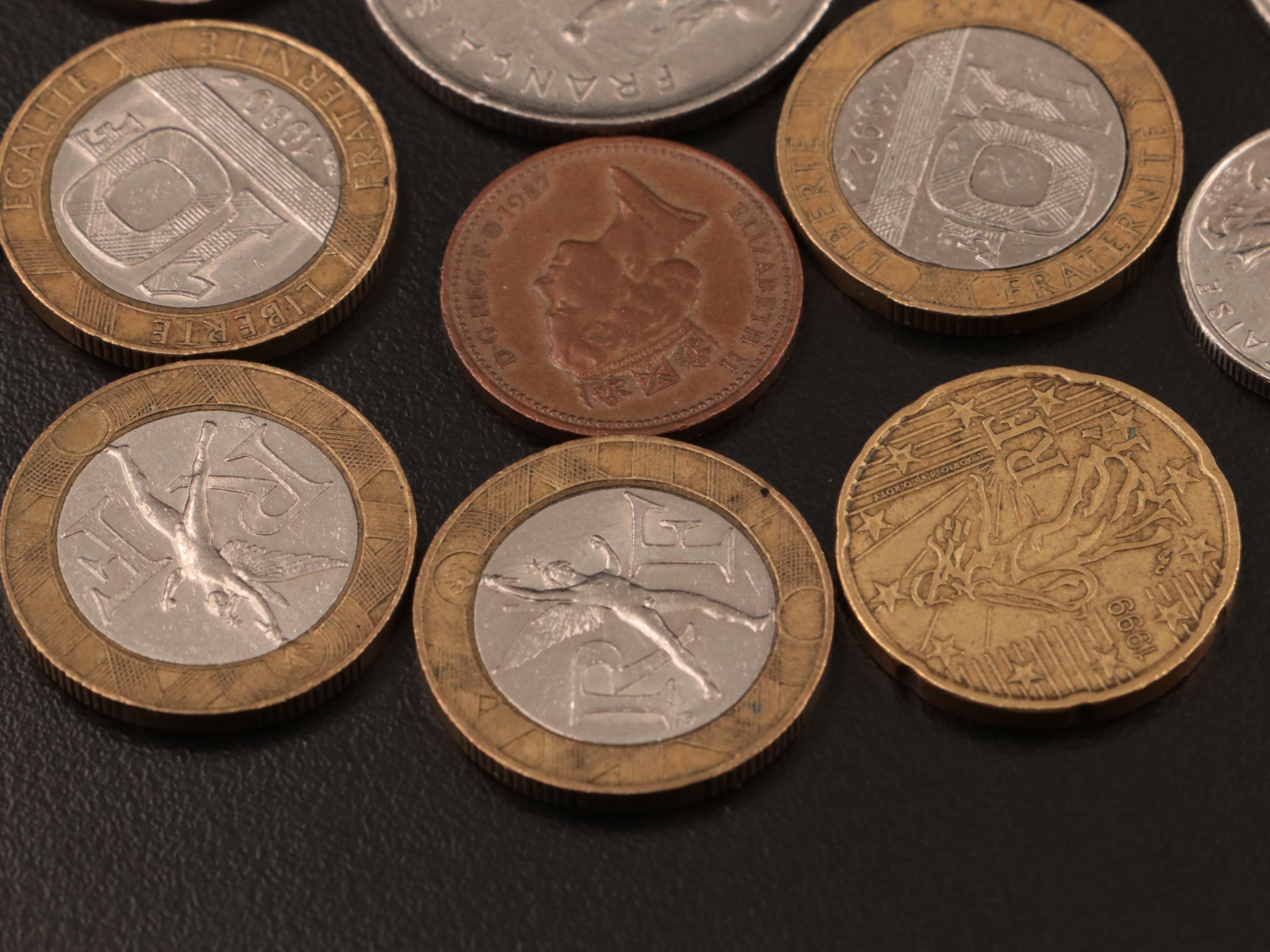 Sixty Pieces of Modern French Coins and Currency