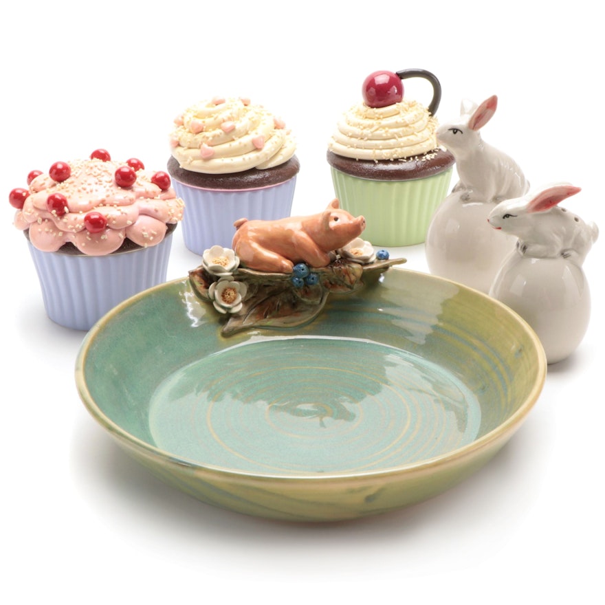Maggie Whalen Art Pottery Bowl with Rabbit Shakers and Cupcake Trinket Boxes