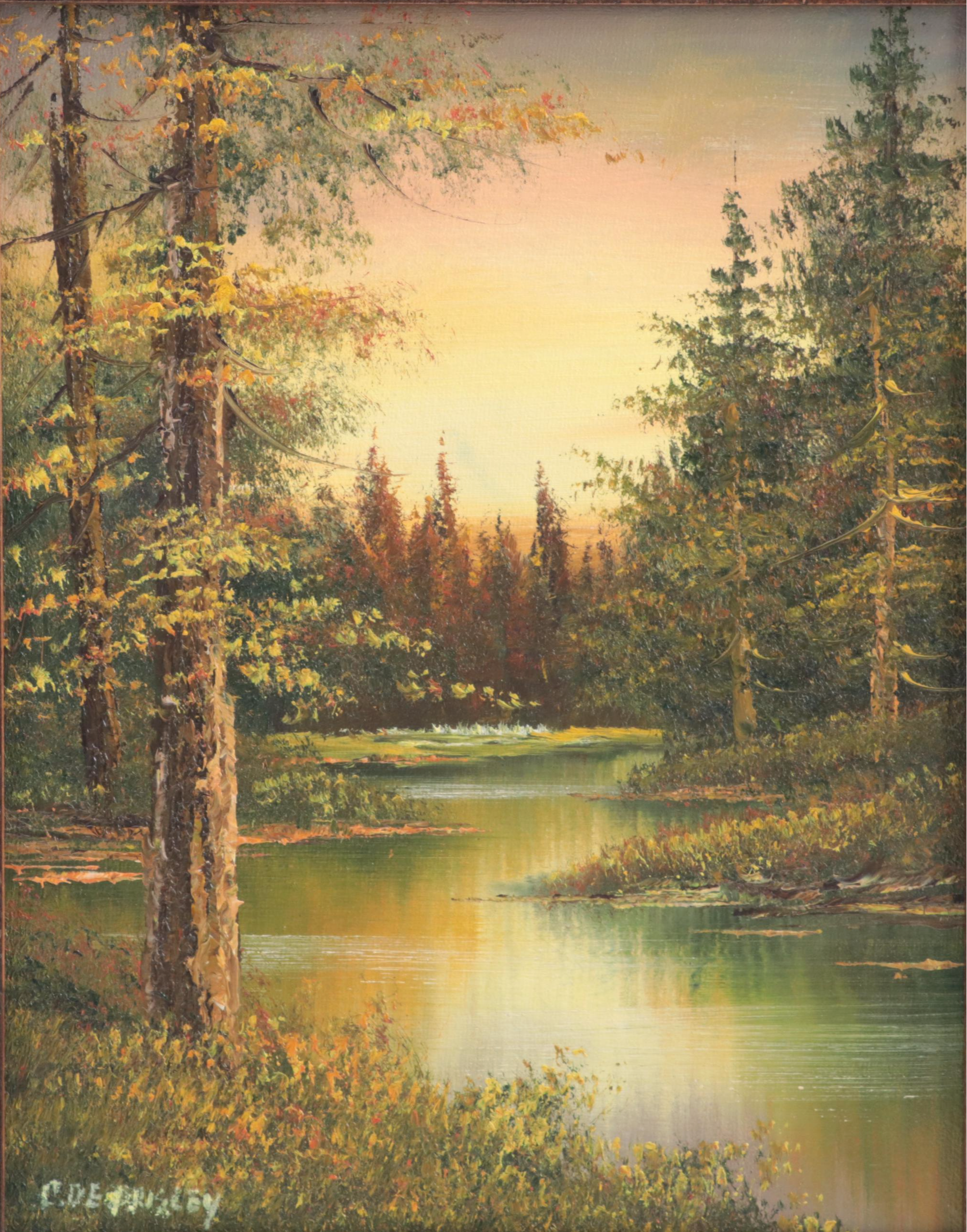 Forest Landscape Oil Painting, Late 20th Century