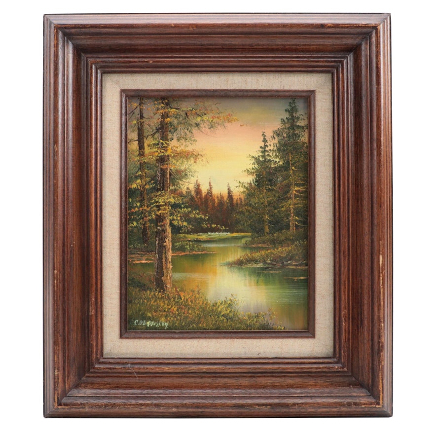 Forest Landscape Oil Painting, Late 20th Century