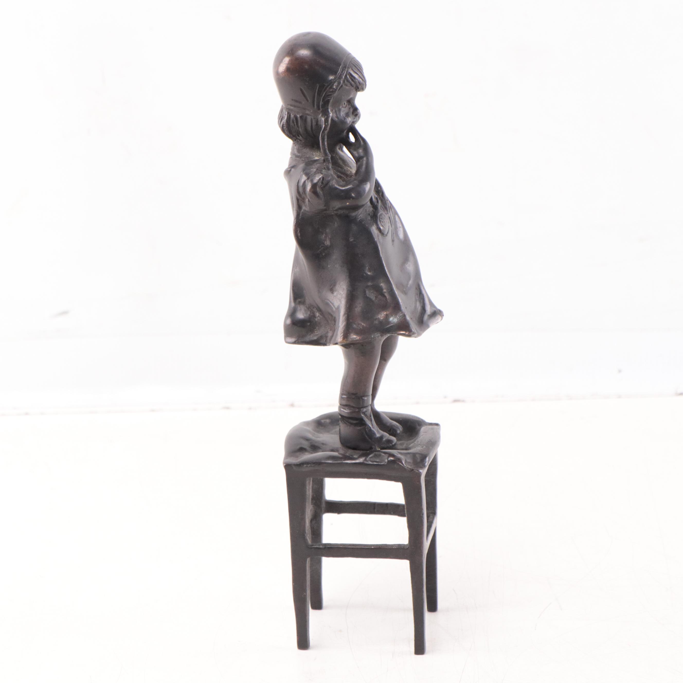 Bronze Sculpture After Juan Clara of Young Girl Standing On Chair