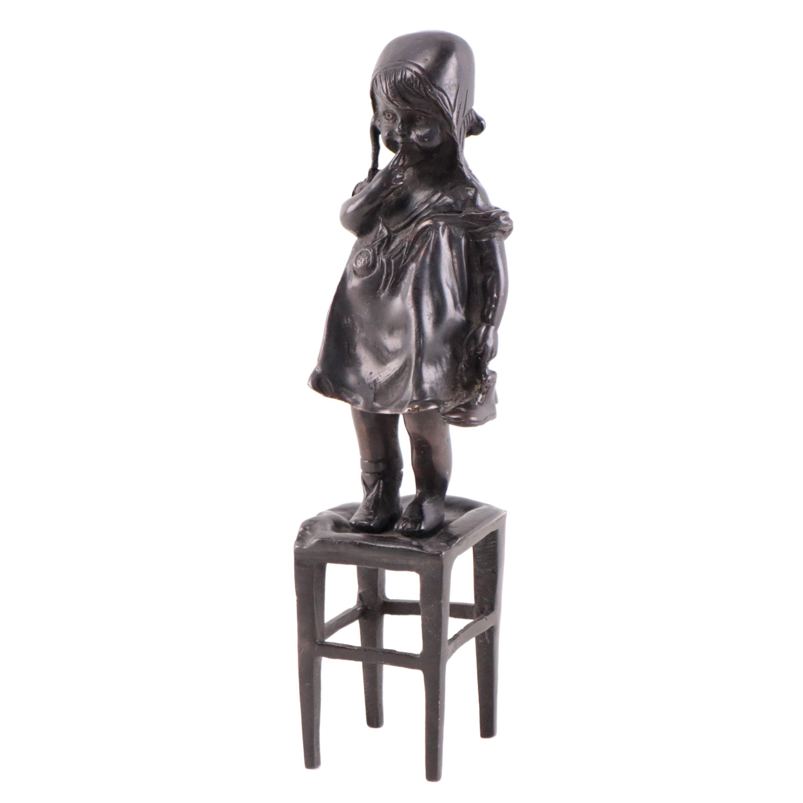 Bronze Sculpture After Juan Clara of Young Girl Standing On Chair