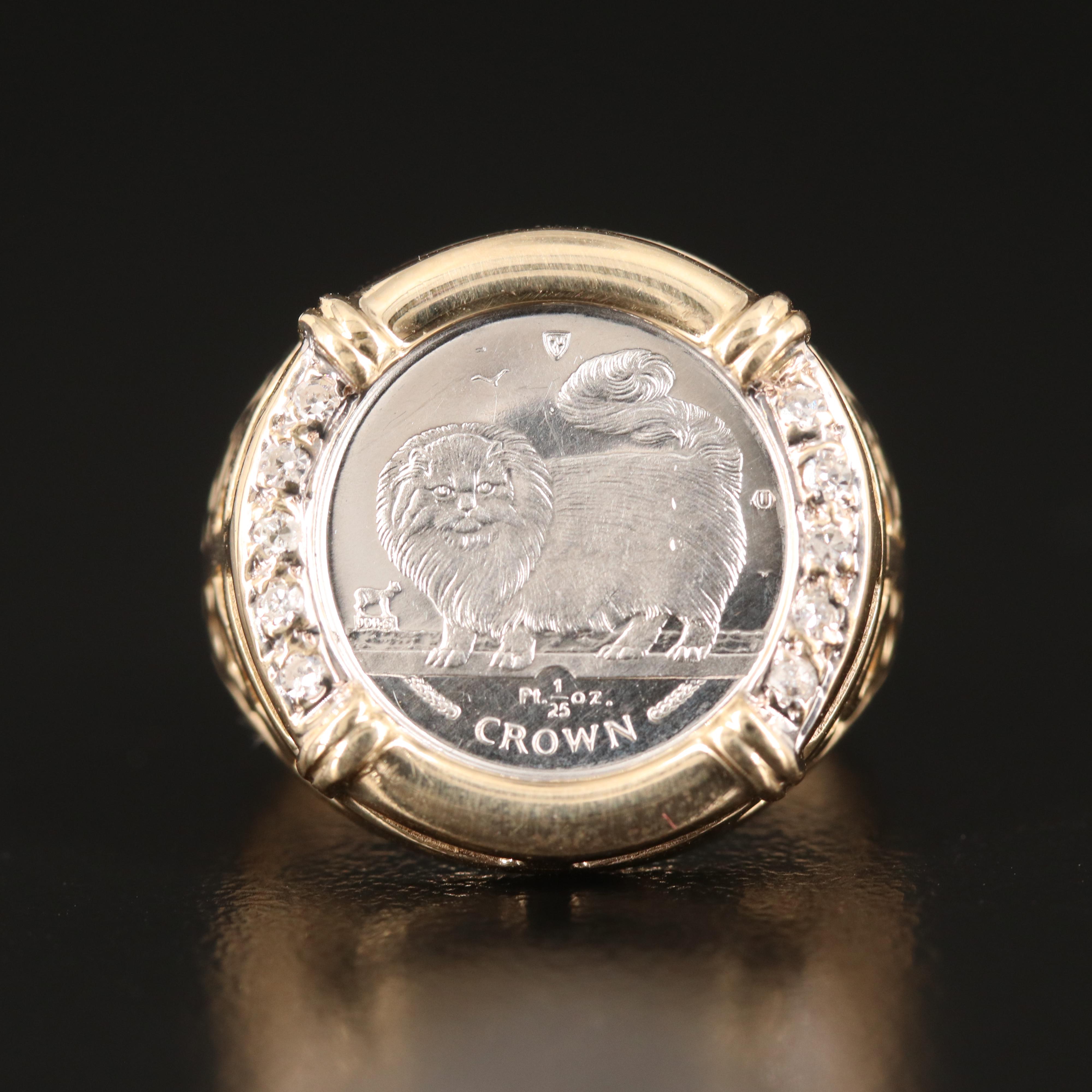 14K Diamond Ring Holding Isle of Man 1/25th Platinum Crown Bullion Coin