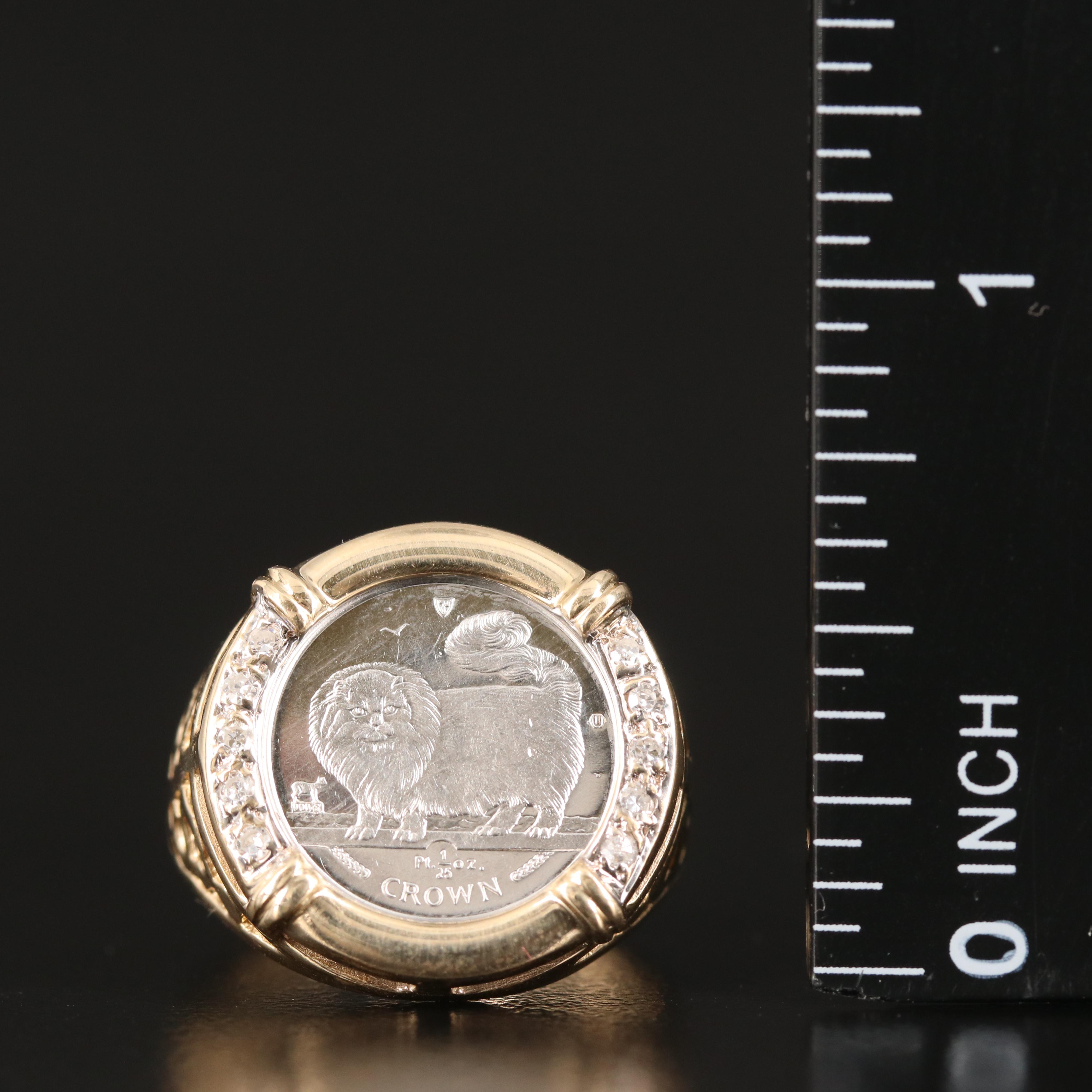 14K Diamond Ring Holding Isle of Man 1/25th Platinum Crown Bullion Coin