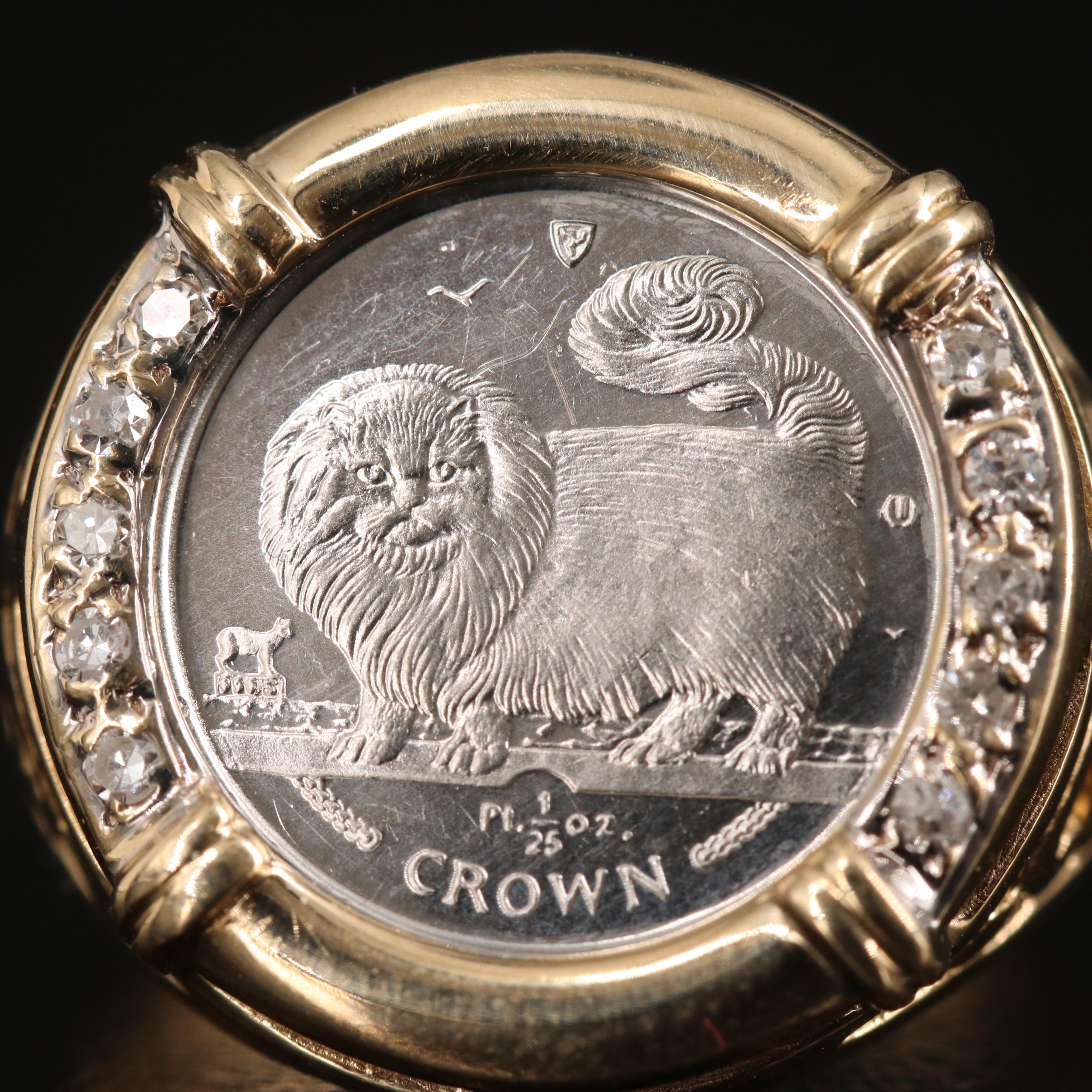 14K Diamond Ring Holding Isle of Man 1/25th Platinum Crown Bullion Coin