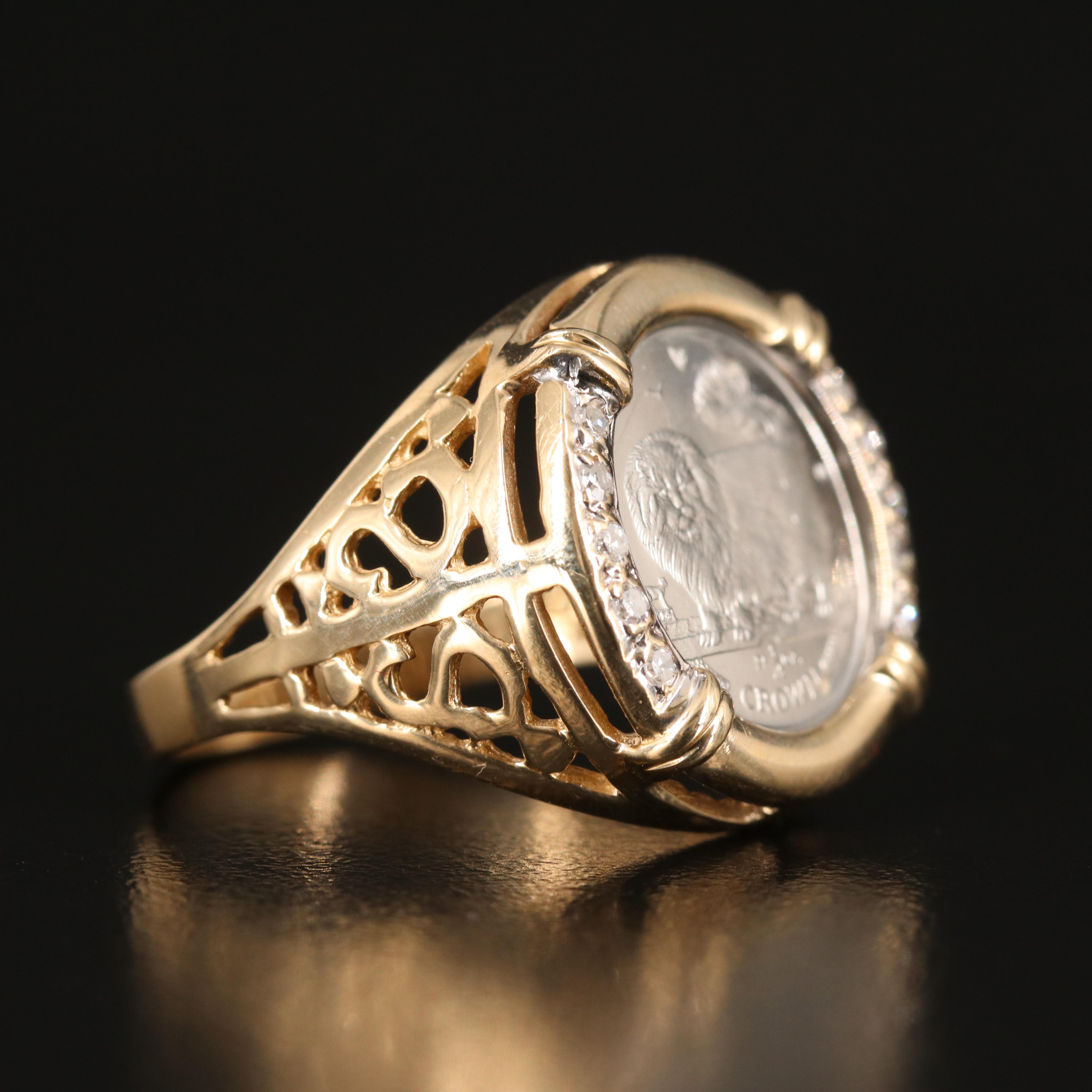 14K Diamond Ring Holding Isle of Man 1/25th Platinum Crown Bullion Coin