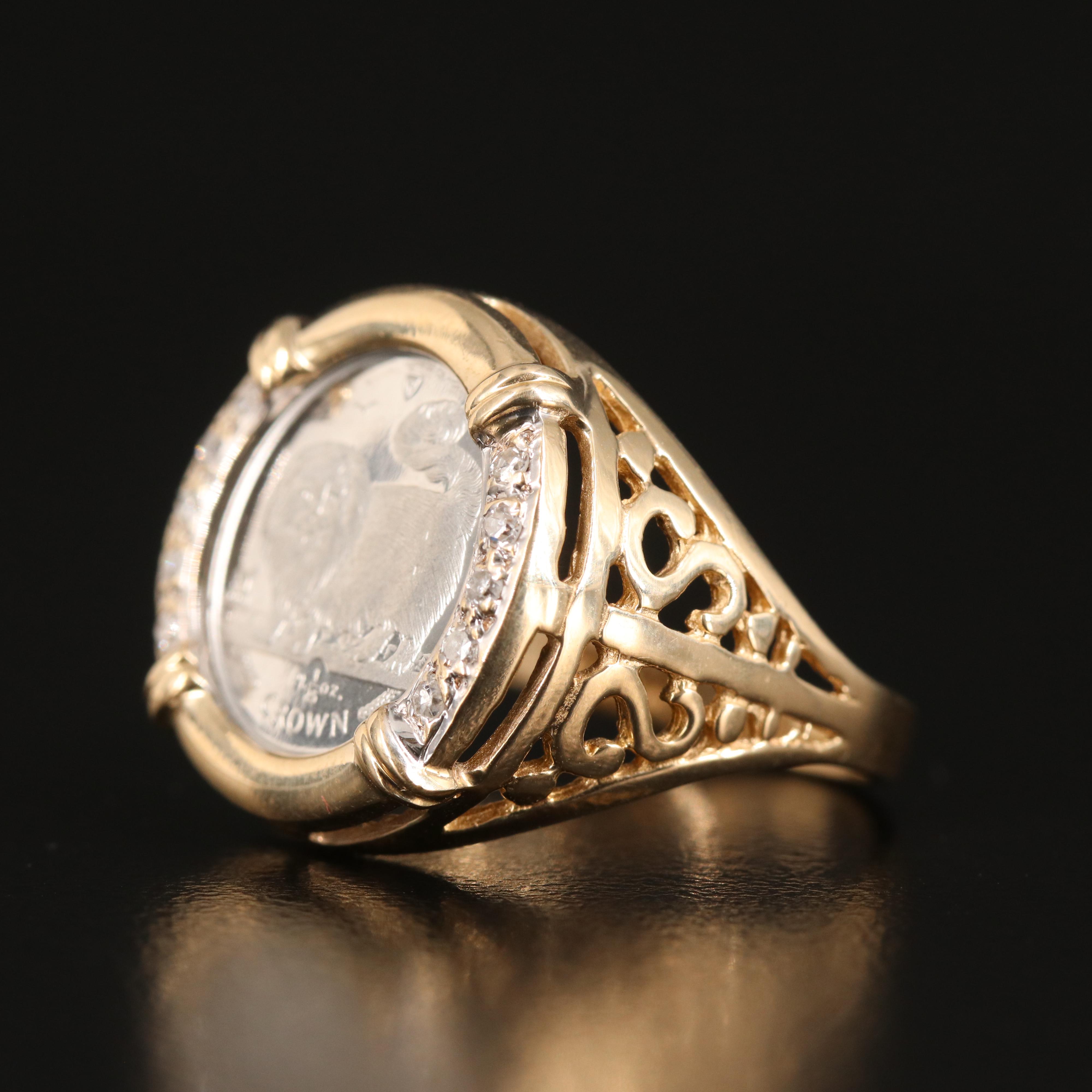 14K Diamond Ring Holding Isle of Man 1/25th Platinum Crown Bullion Coin