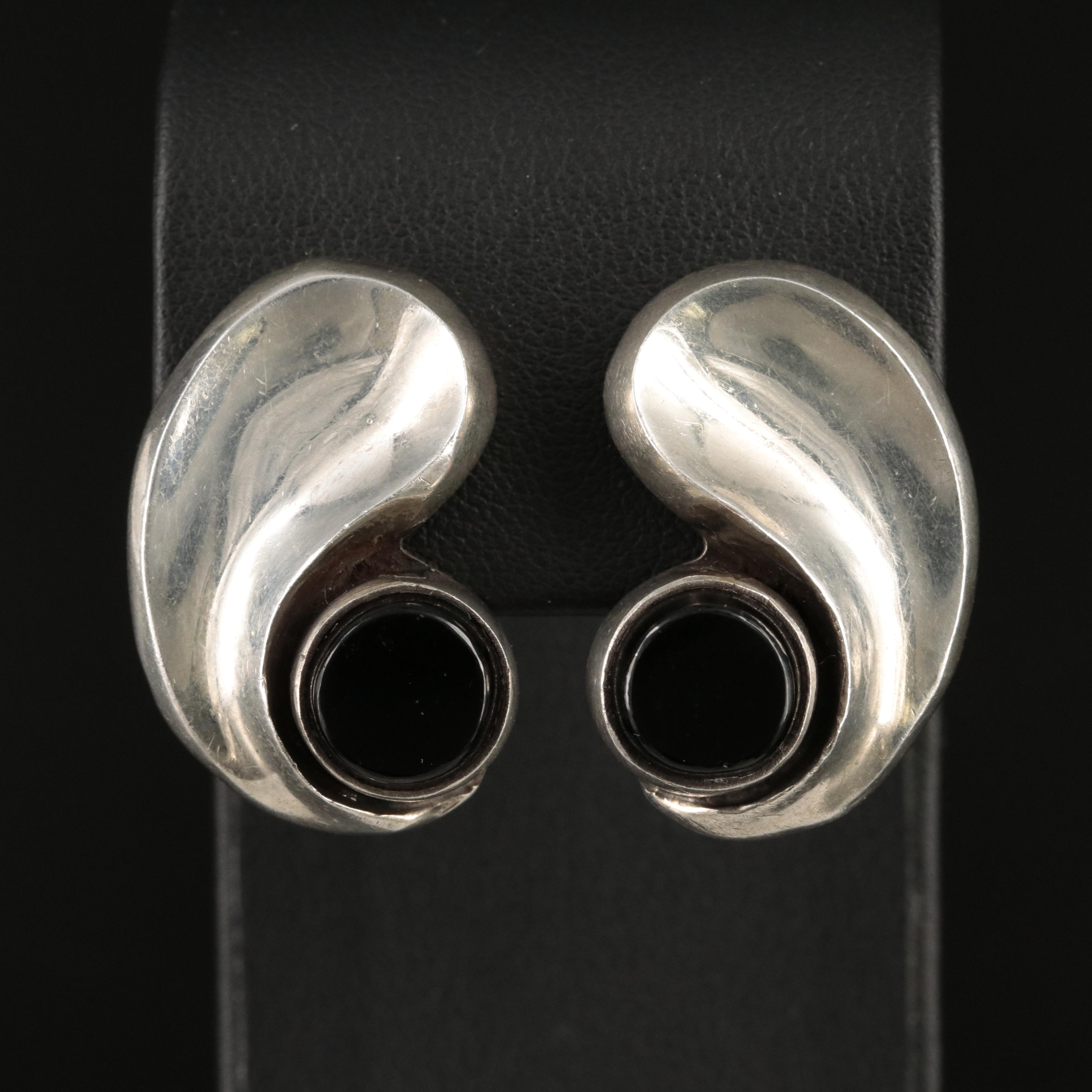 1950s Mexican Antonio Pineda Sterling Black Onyx Earrings