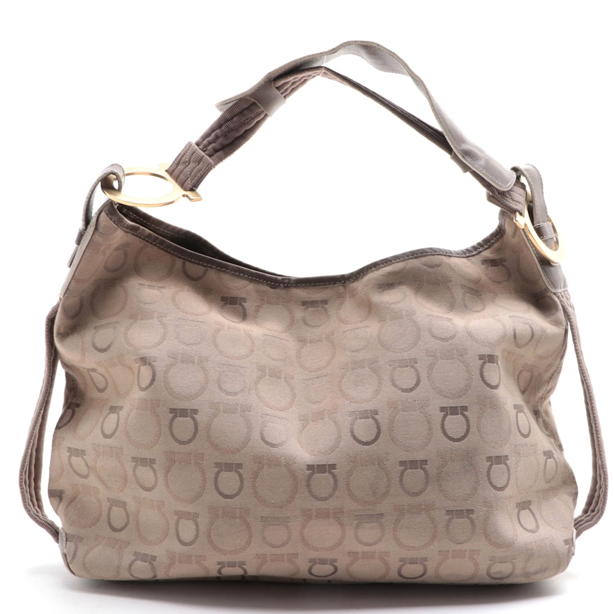 Salvatore Ferragamo Hobo Bag in Gancini Jacquard Canvas and Leather