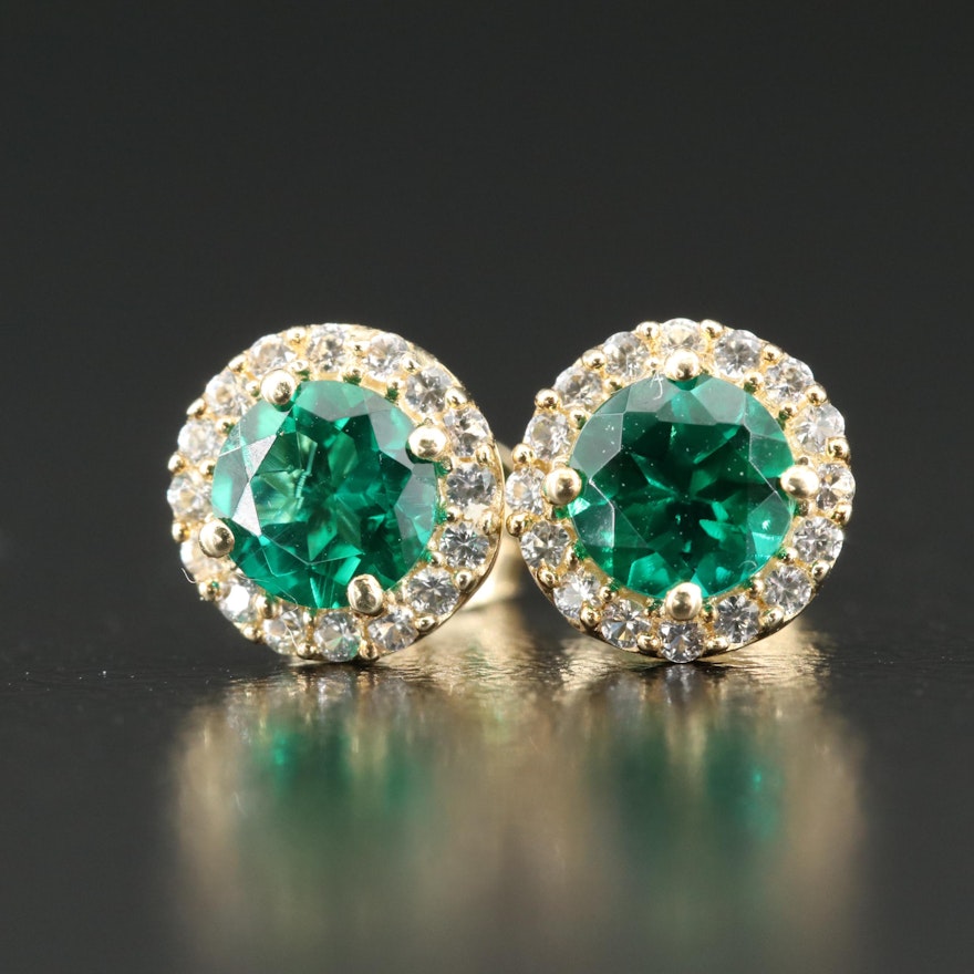 10K Emerald and Sapphire Halo Stud Earrings