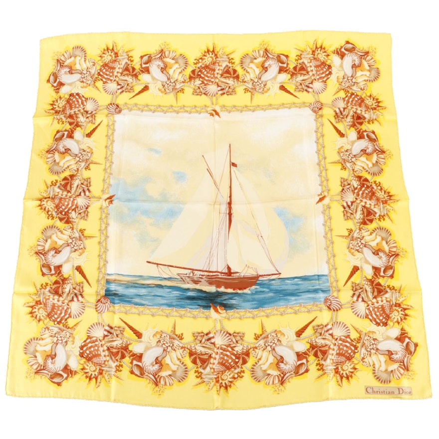 Christian Dior Sailing and Seashell Themed Scarf 90 in Silk Twill