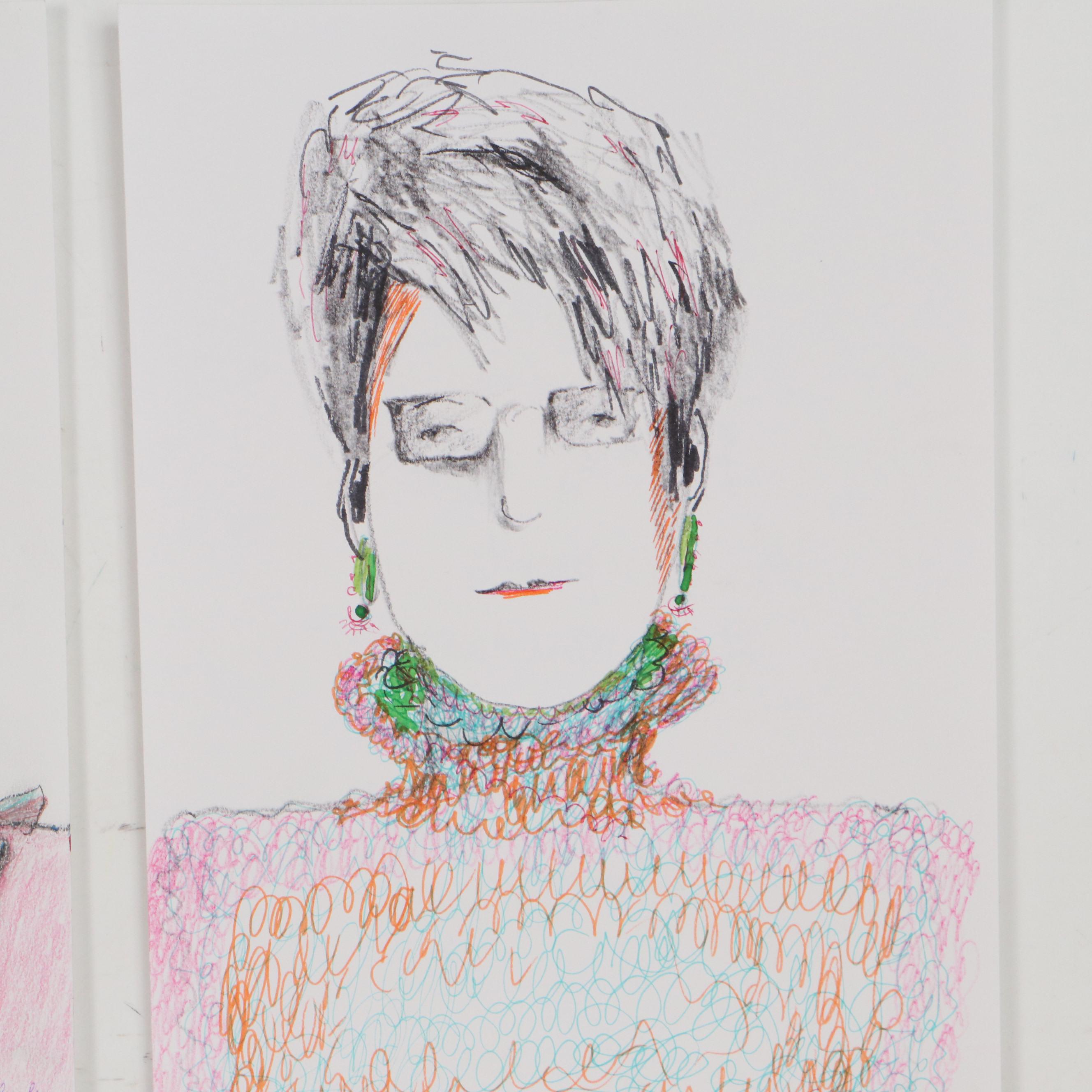Janice Schuler Portrait Ink and Crayon Drawings, 2022