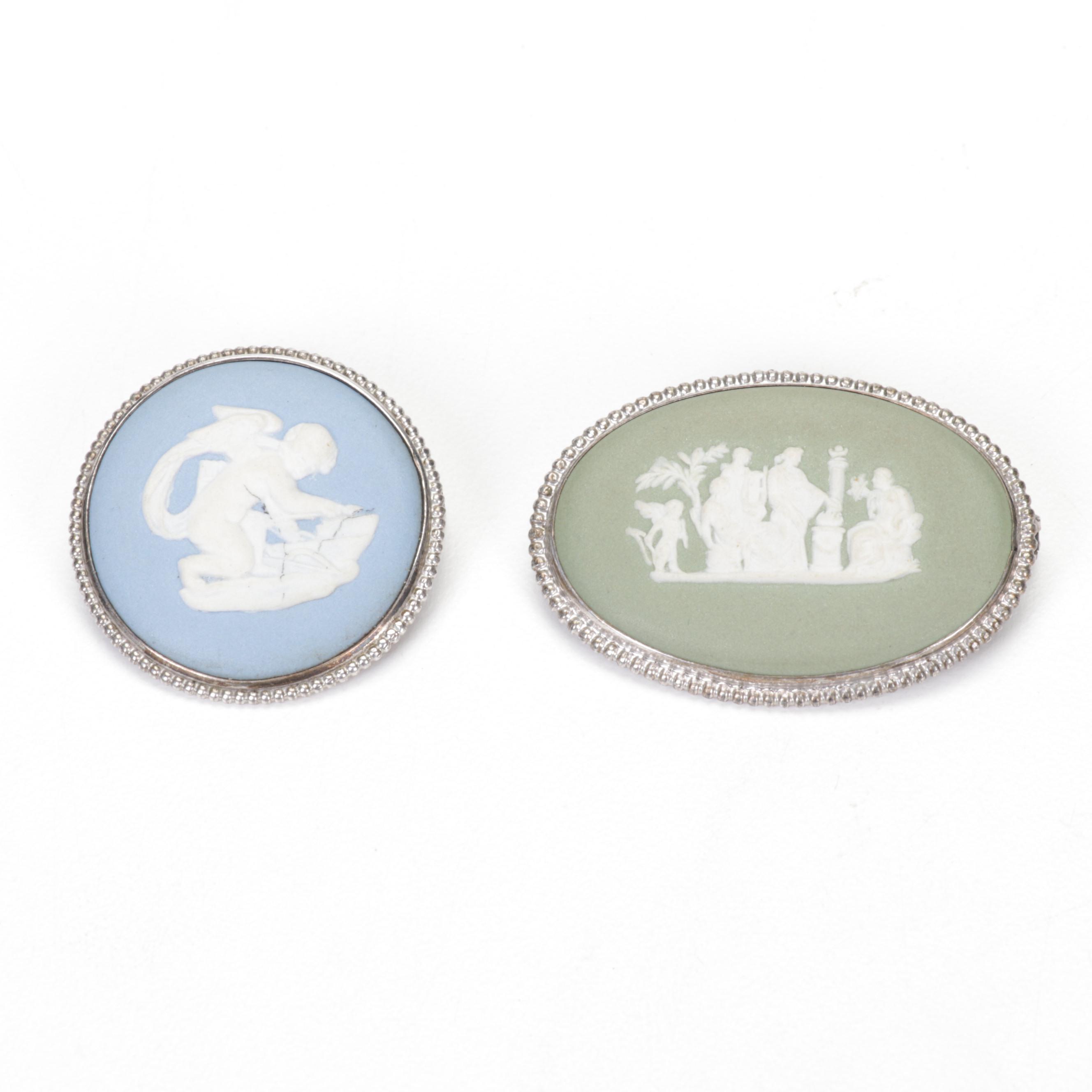 Wedgwood Blue Jasperware Candlesticks and Box with Sage and Blue Brooches