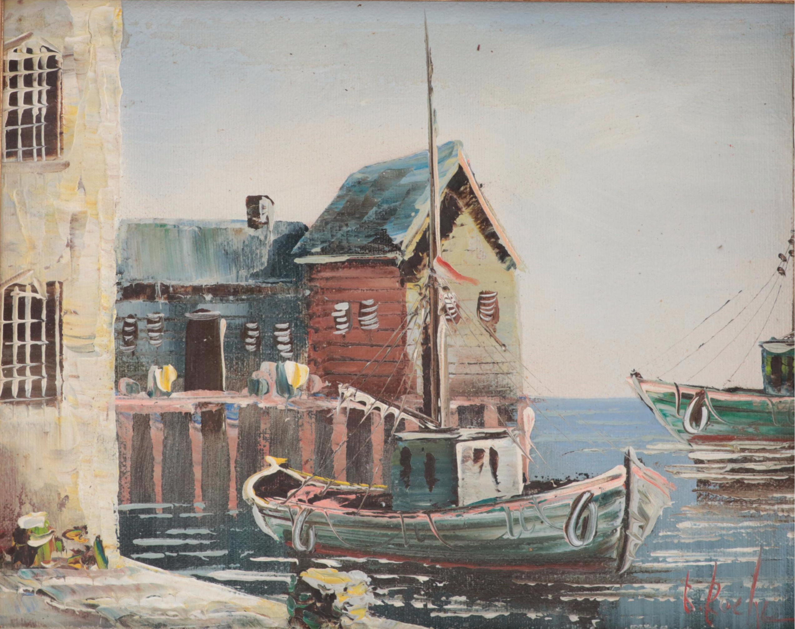 K. Roche Coastal Oil Painting of Harbor, Late 20th Century