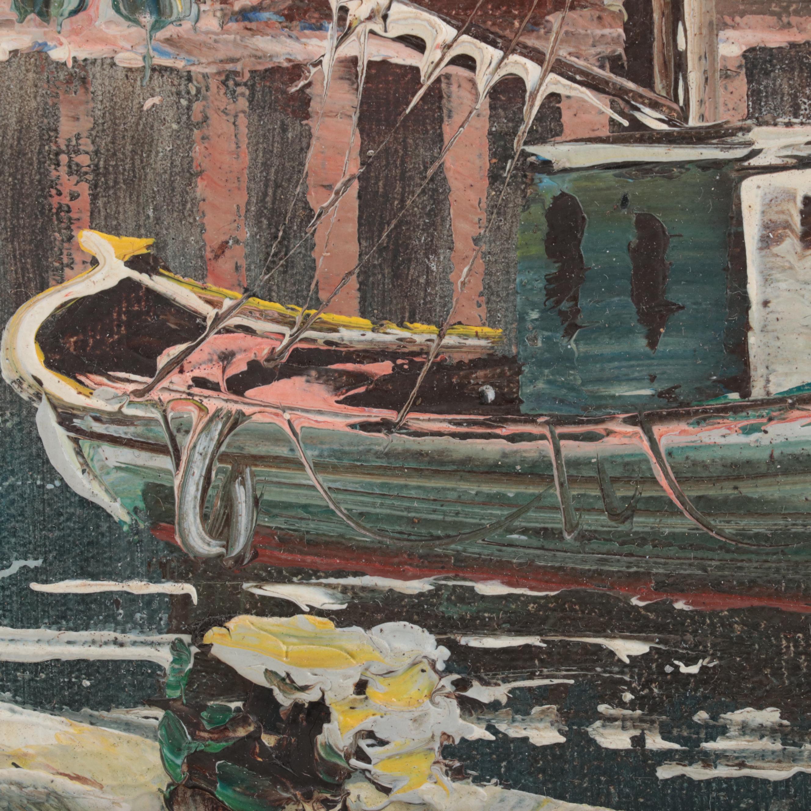 K. Roche Coastal Oil Painting of Harbor, Late 20th Century