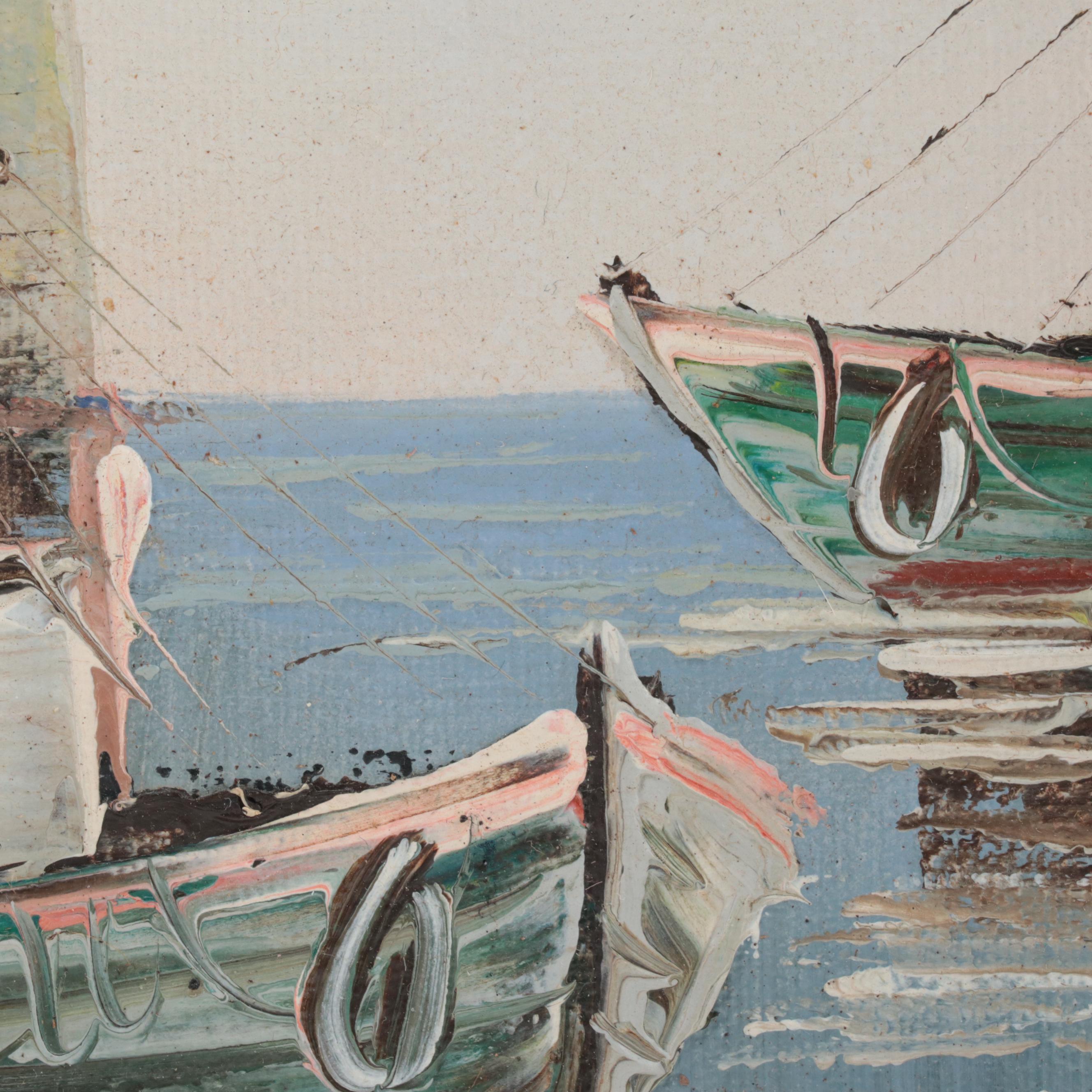 K. Roche Coastal Oil Painting of Harbor, Late 20th Century