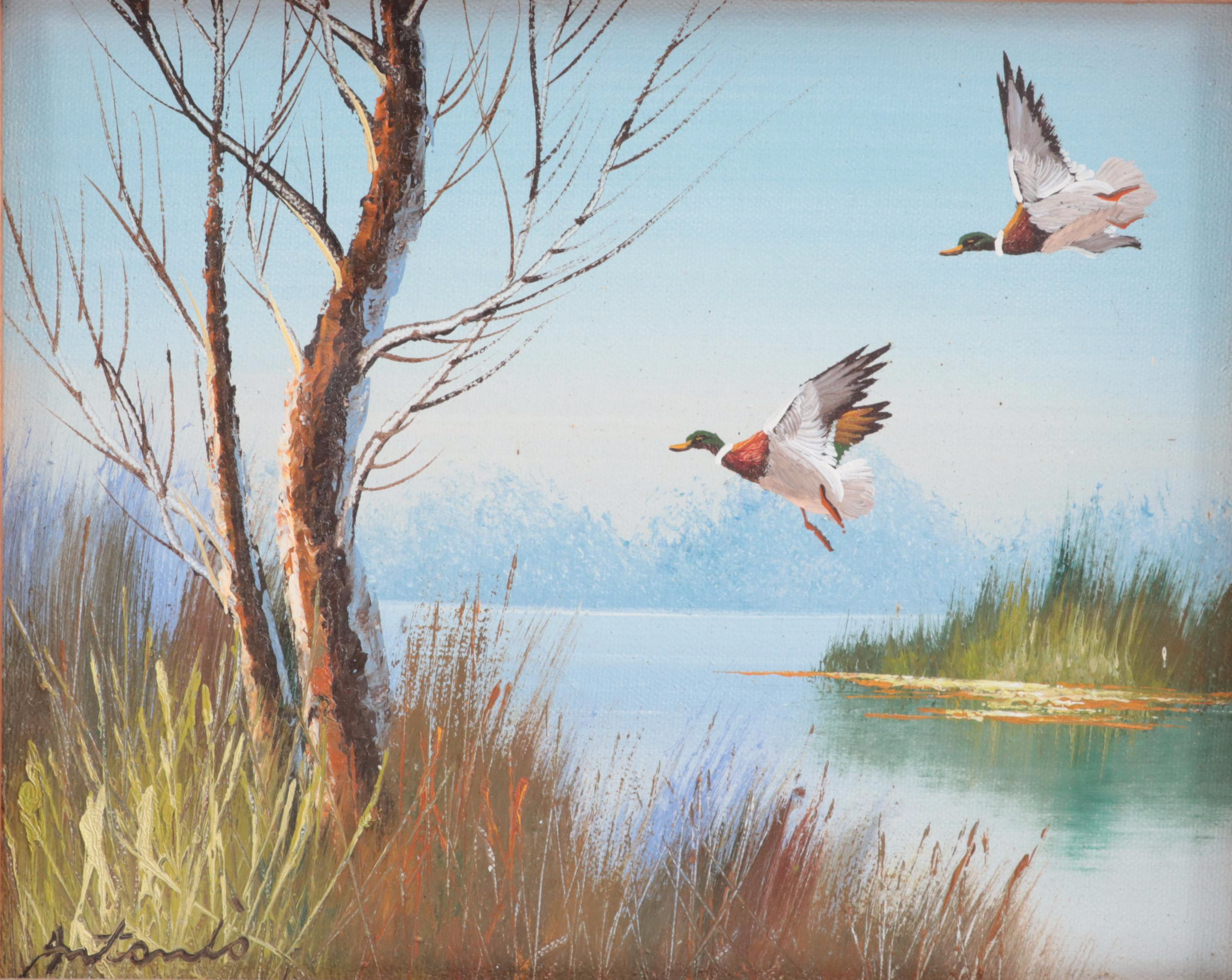 Antonio Landscape Oil Painting of Lake, Late 20th Century