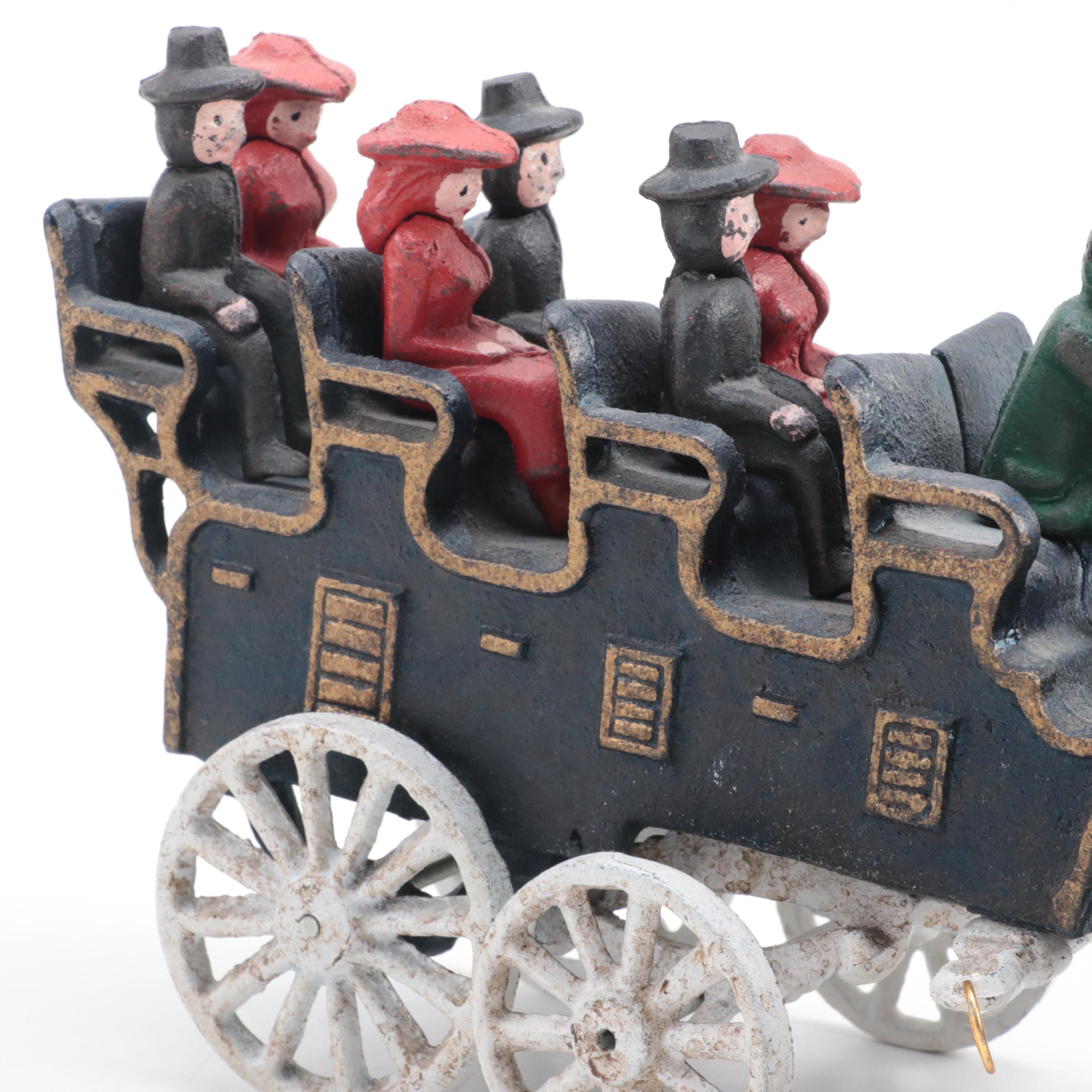 Cast Iron Horse-Drawn Wagon with Passengers Model Toy, Early to Mid-20th Century