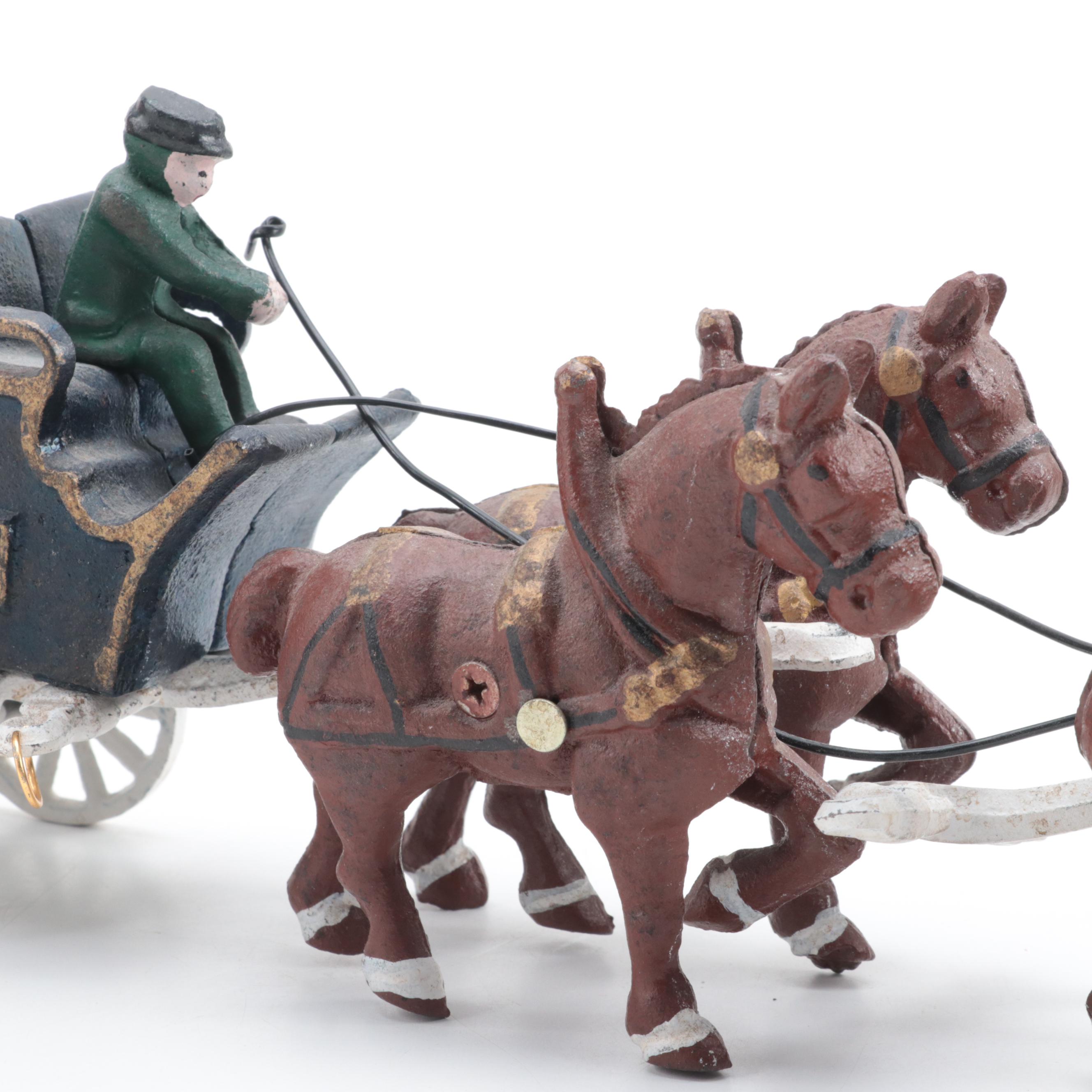Cast Iron Horse-Drawn Wagon with Passengers Model Toy, Early to Mid-20th Century