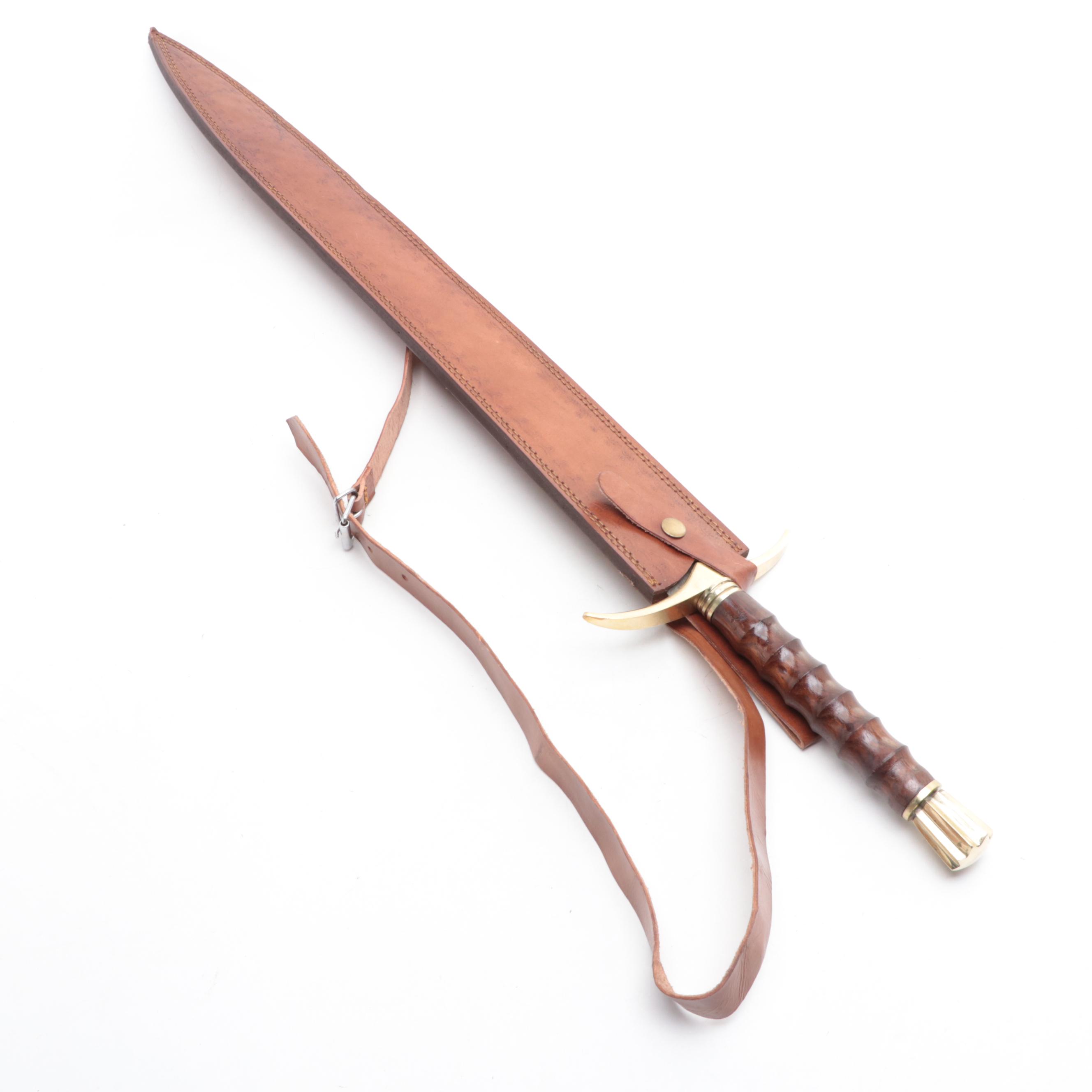 Damascus Steel and Carved Wood Handle Short Sword with Back Scabbard