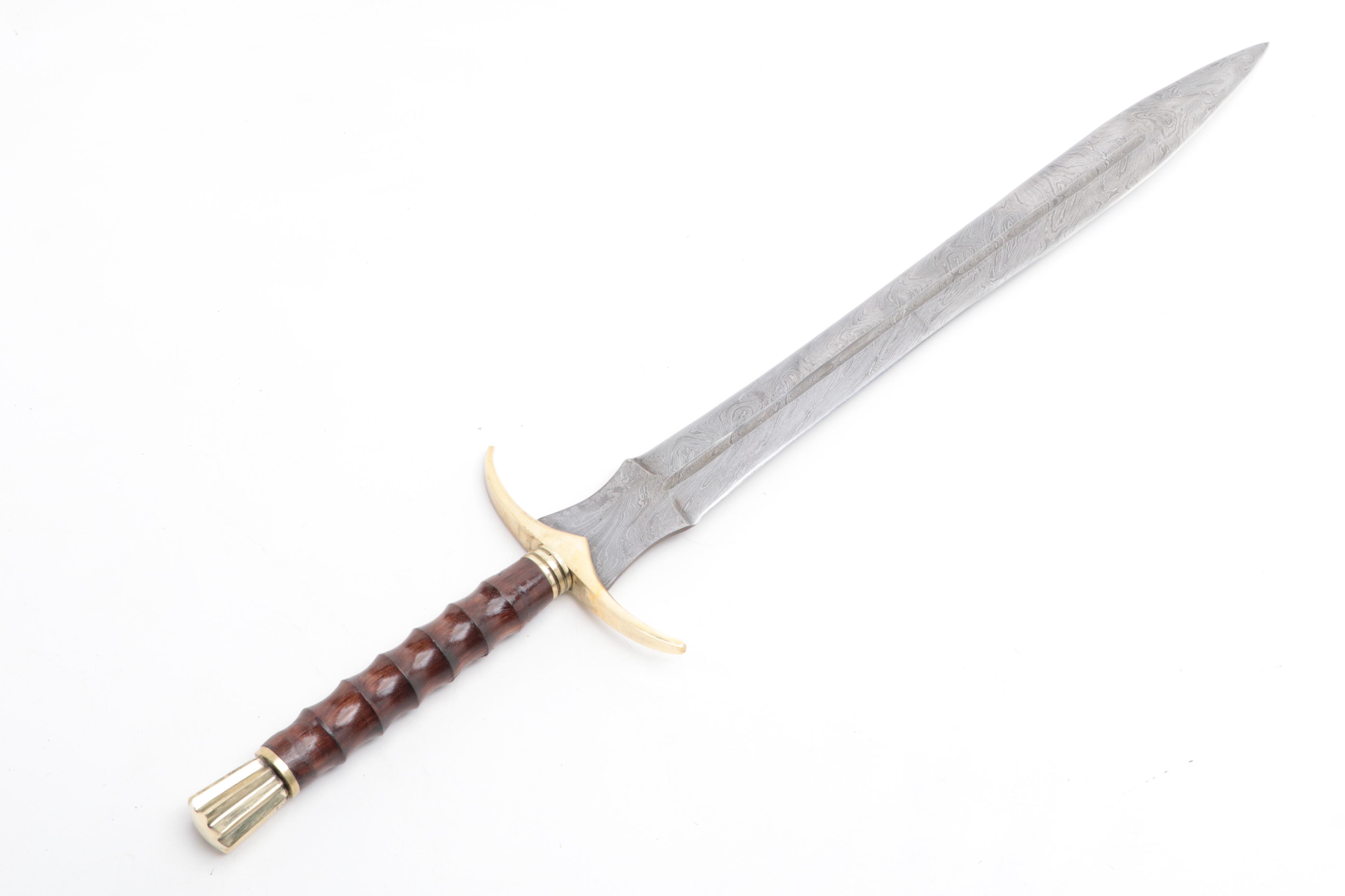 Damascus Steel and Carved Wood Handle Short Sword with Back Scabbard