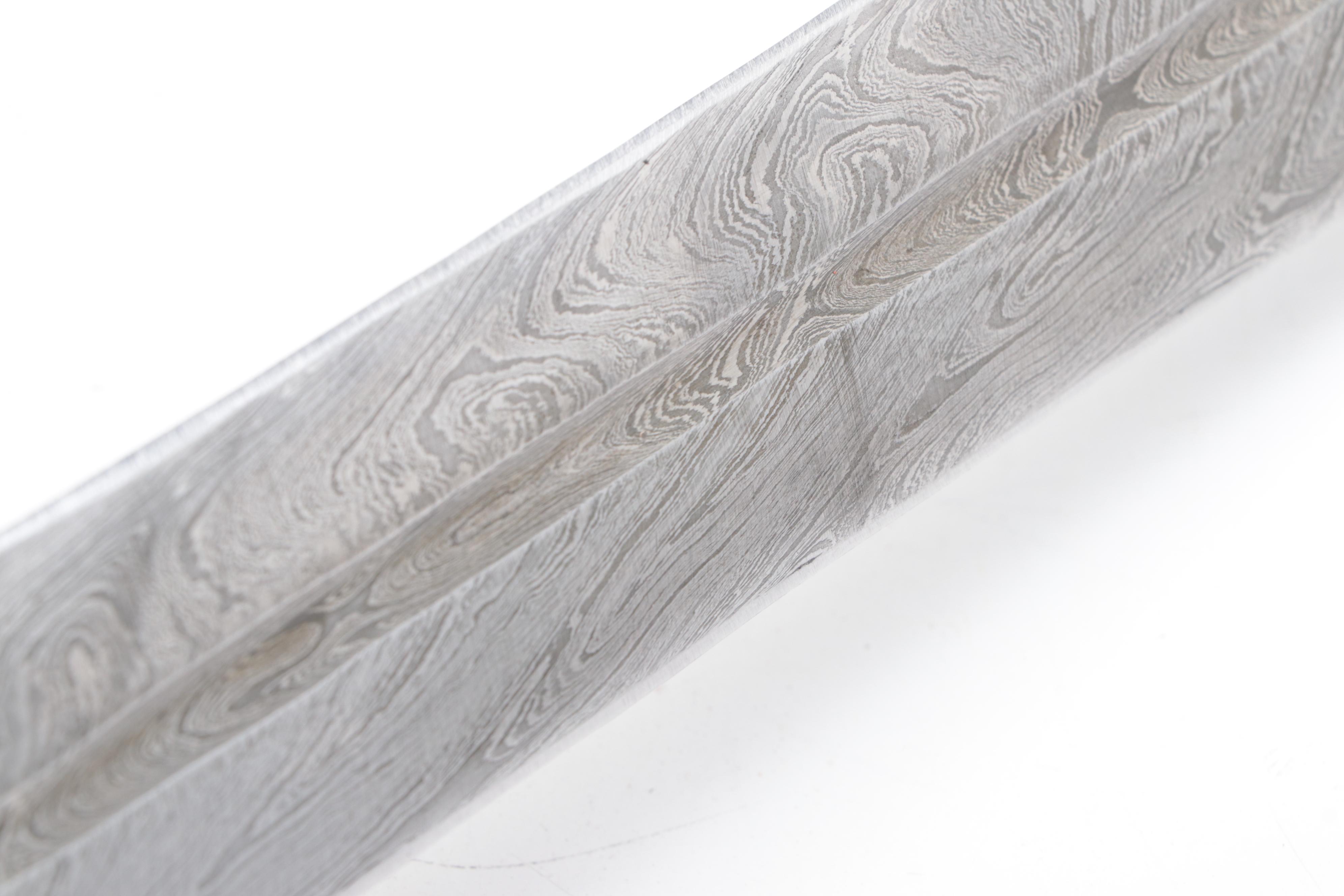 Damascus Steel and Carved Wood Handle Short Sword with Back Scabbard