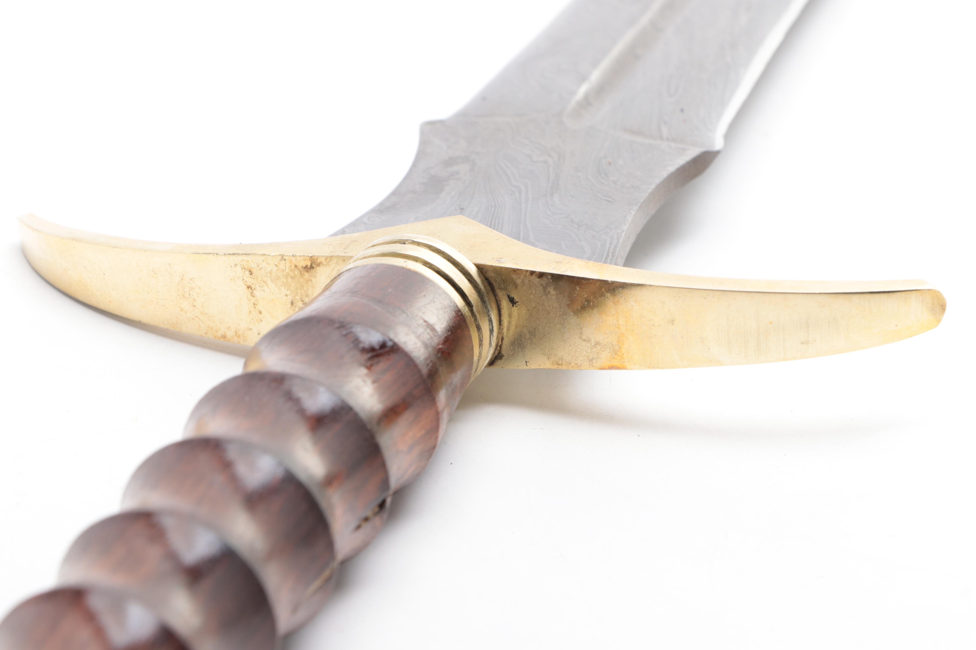 Damascus Steel and Carved Wood Handle Short Sword with Back Scabbard