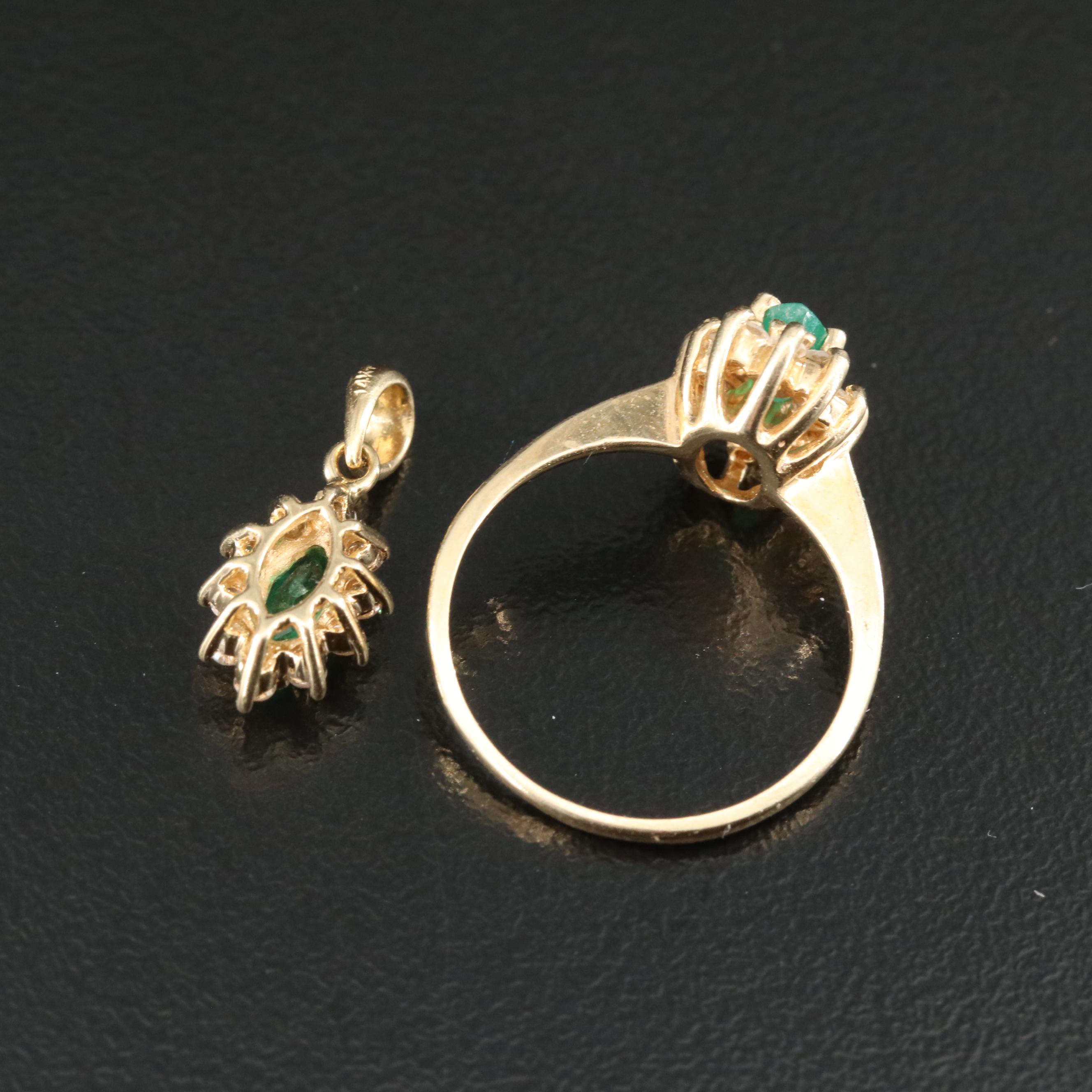 14K Emerald and Diamond Pendant and 10K Navette Ring