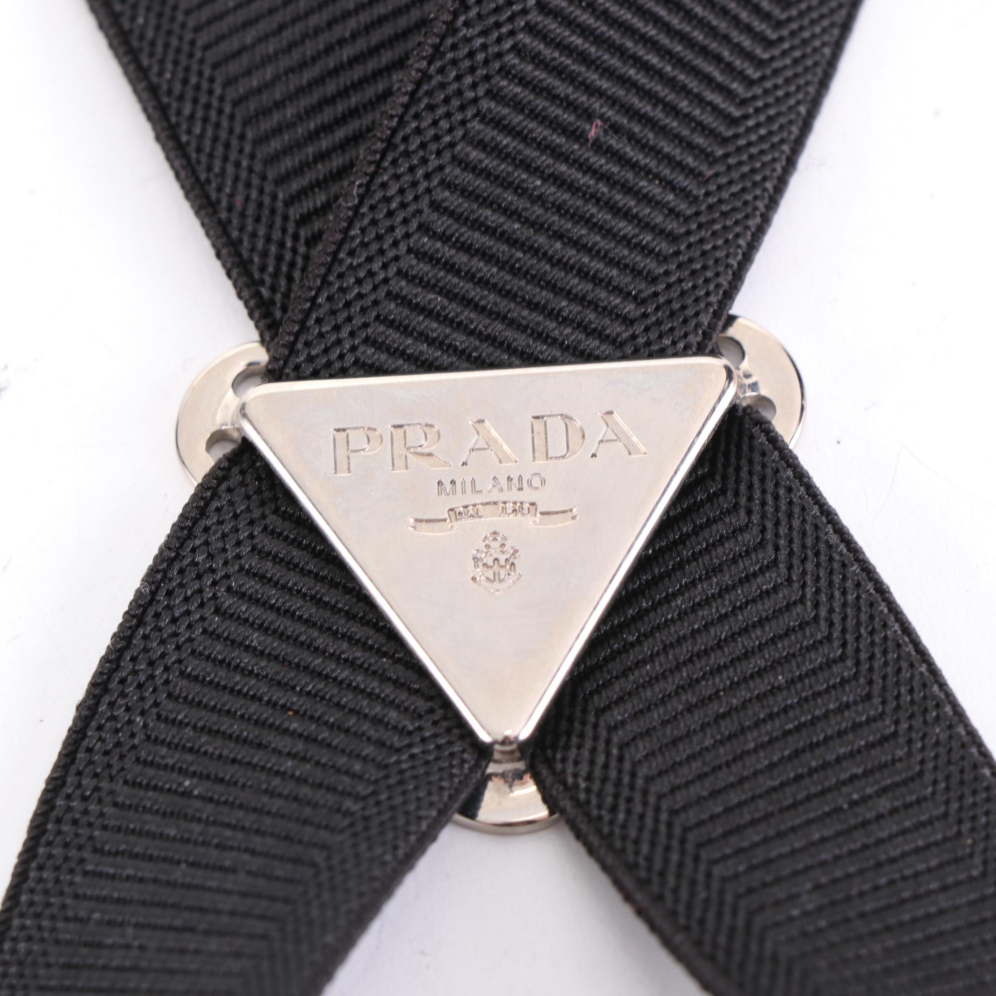 Prada Embellished Suspenders in Black Elastic Gore with Saffiano Leather Trim