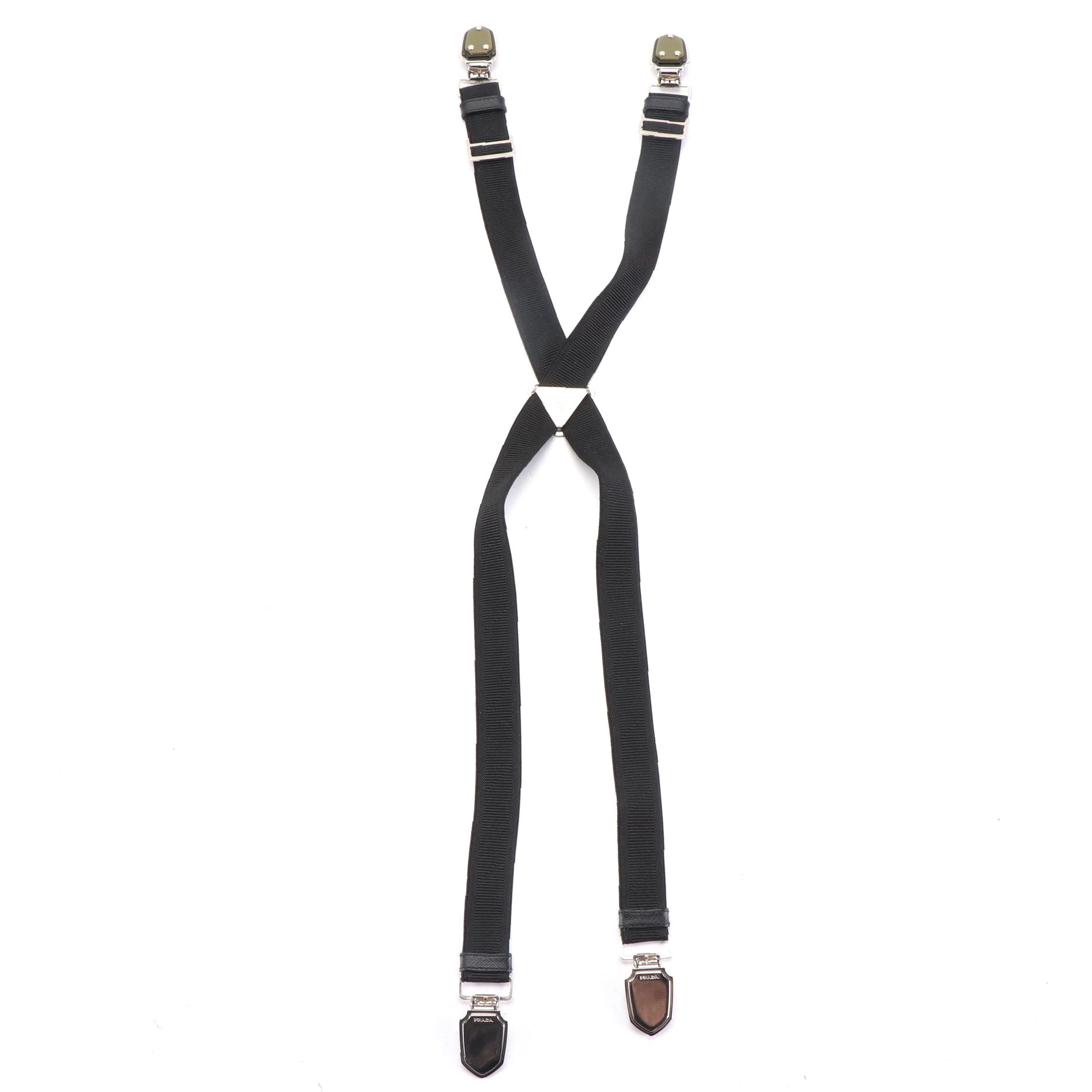 Prada Embellished Suspenders in Black Elastic Gore with Saffiano Leather Trim
