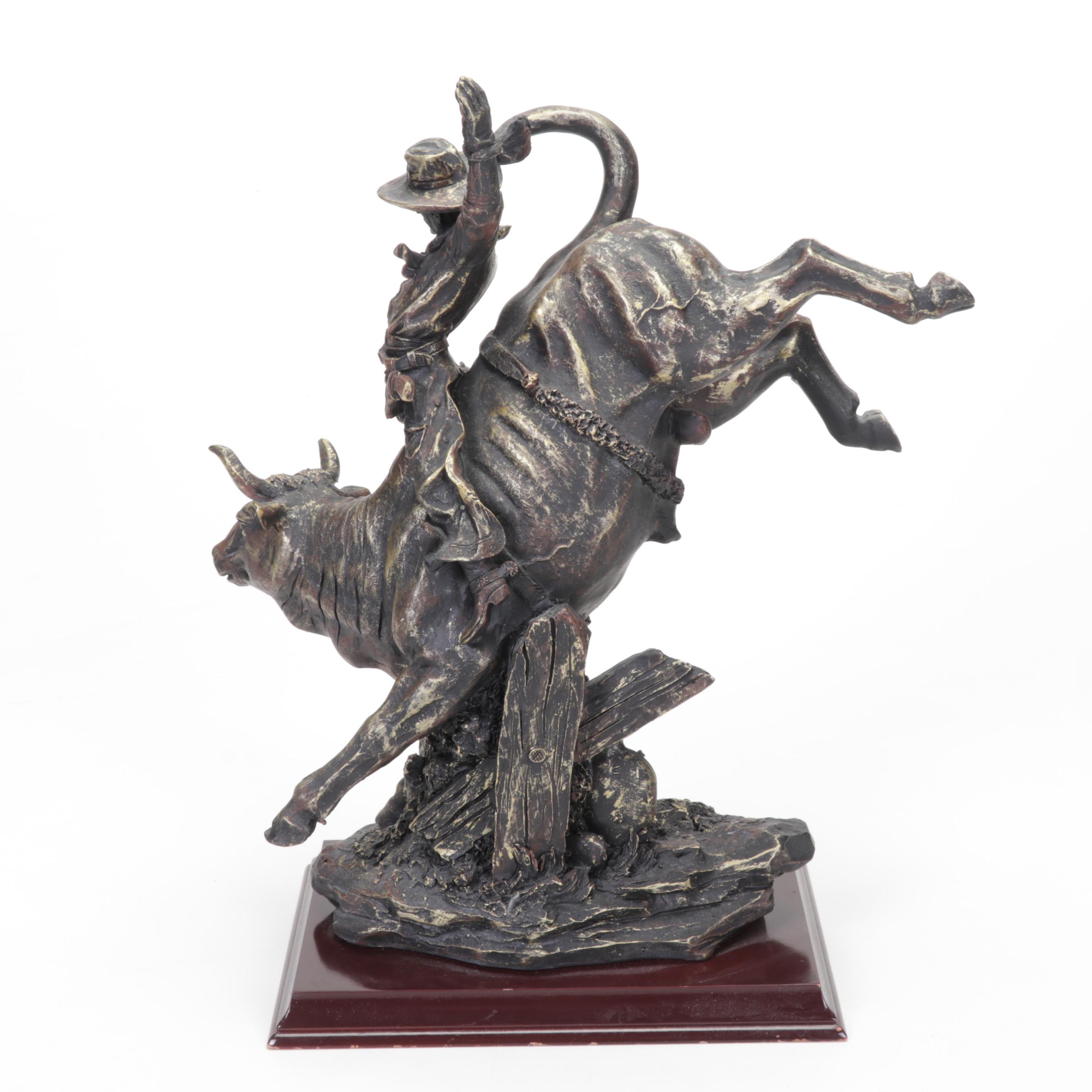 Western Rodeo Bull Rider Cowboy Figurine and Glass Buffalo Paperweight