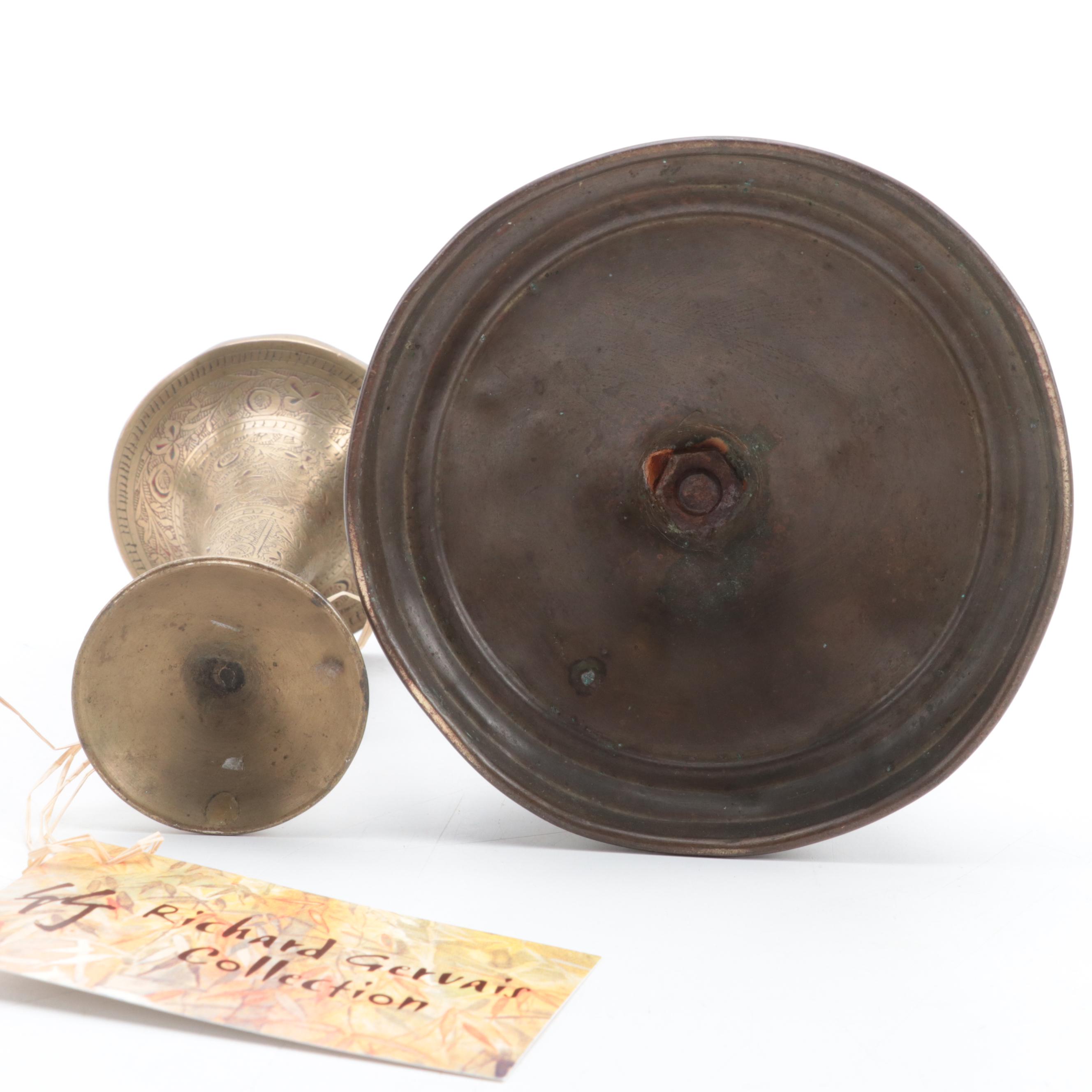 Incised Brass Bud Vase, Pewter Lidded Vessel, and Other Tableware