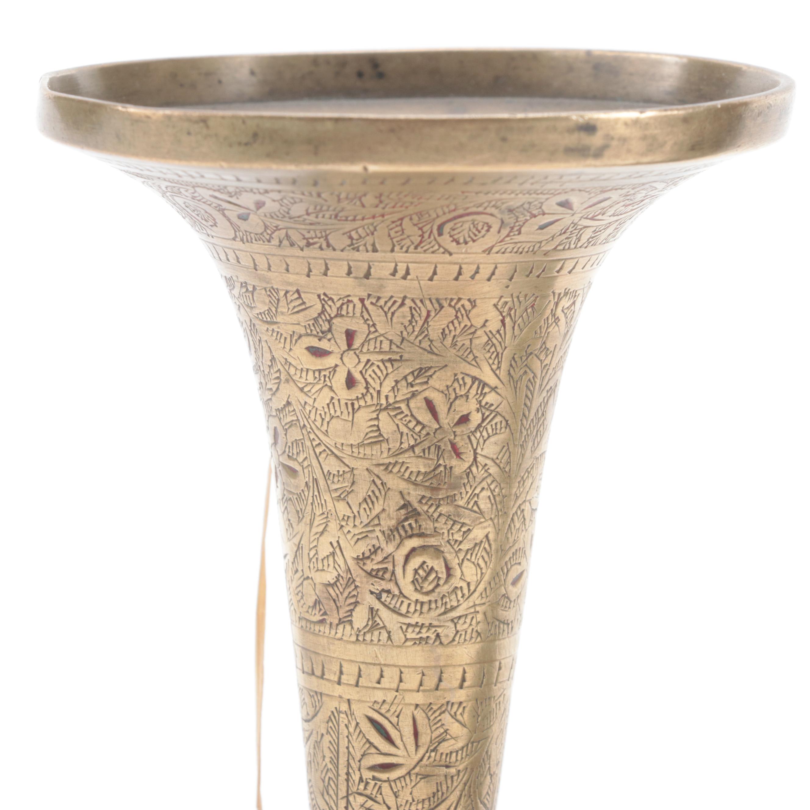 Incised Brass Bud Vase, Pewter Lidded Vessel, and Other Tableware