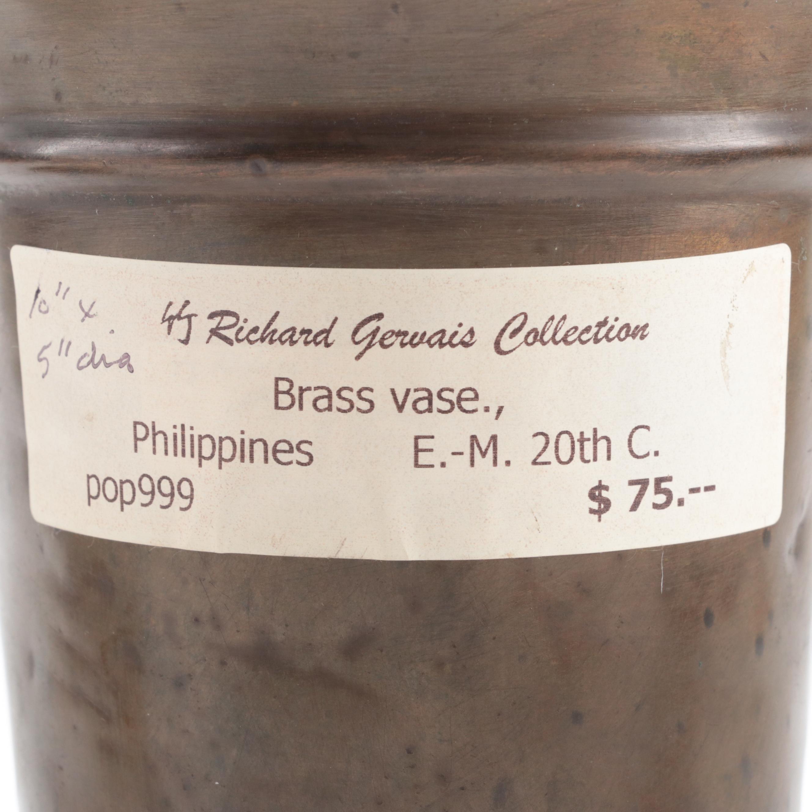 Incised Brass Bud Vase, Pewter Lidded Vessel, and Other Tableware