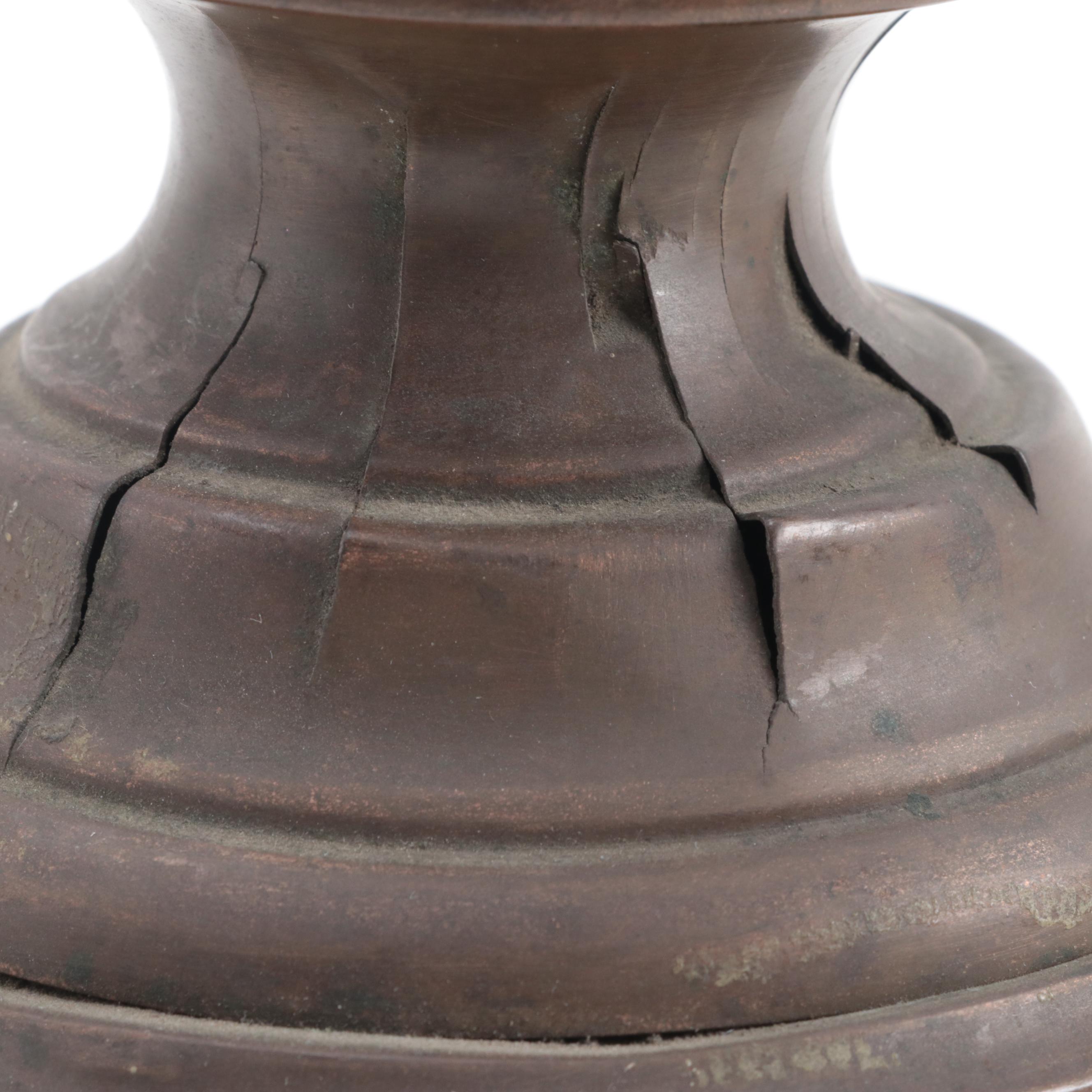 Incised Brass Bud Vase, Pewter Lidded Vessel, and Other Tableware