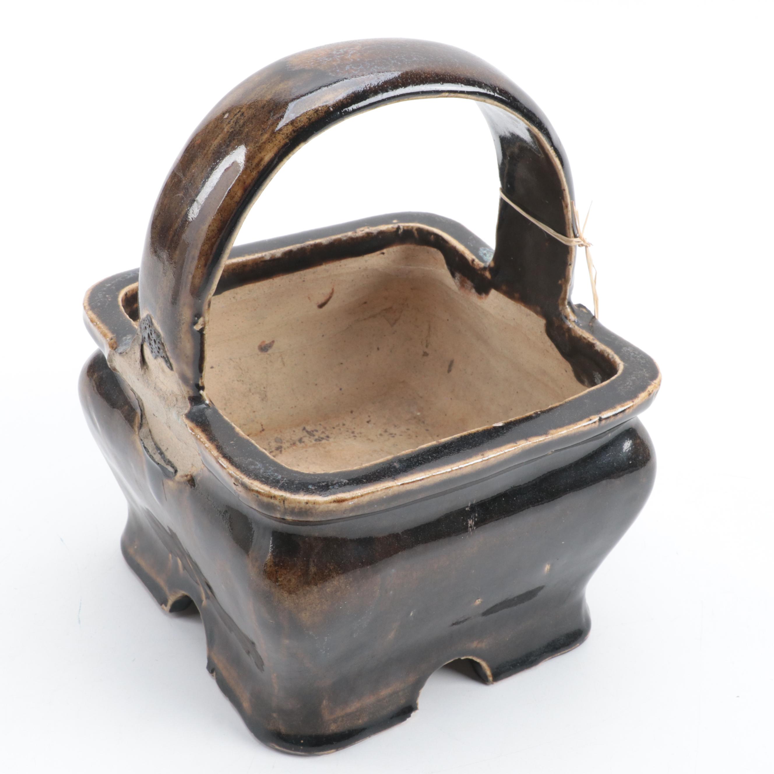 Japanese Stoneware Ikebana Basket, Mid-20th Century