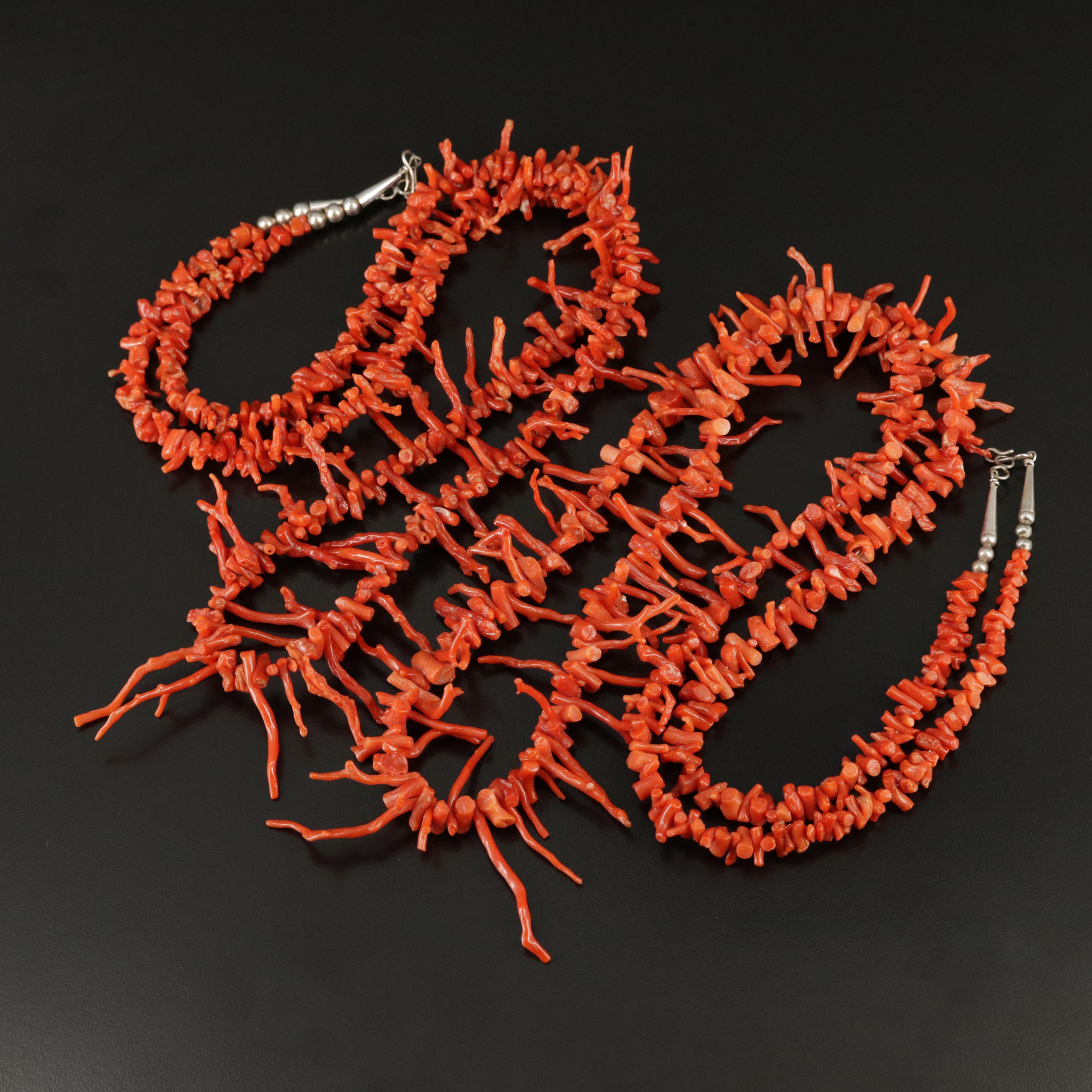 Southwestern Graduated Branch Coral Necklaces with Sterling Clasps