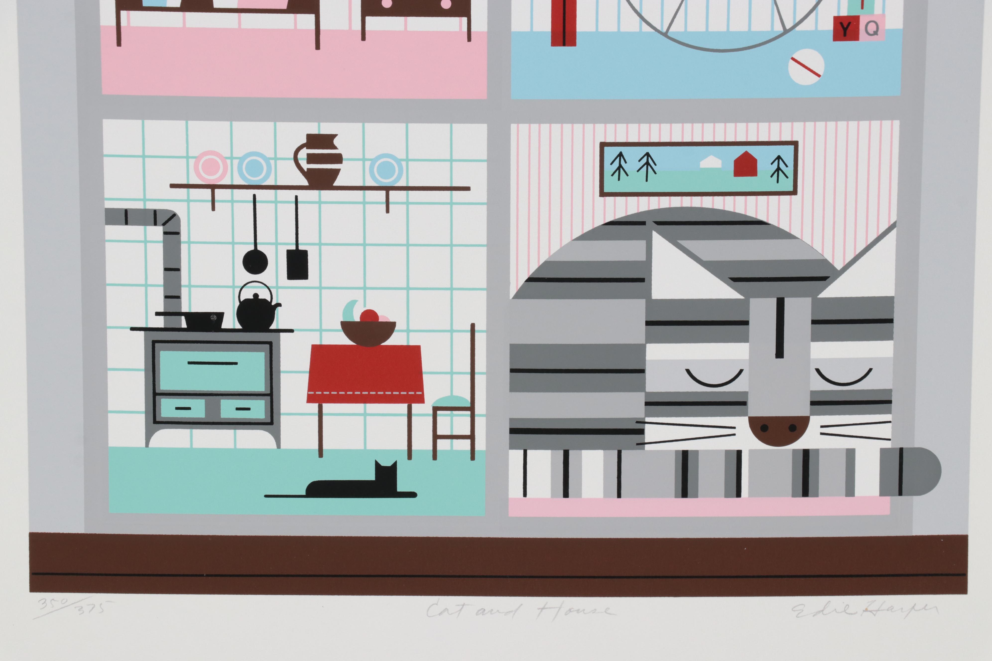 Edie Harper Serigraph "Cat and House," 1985