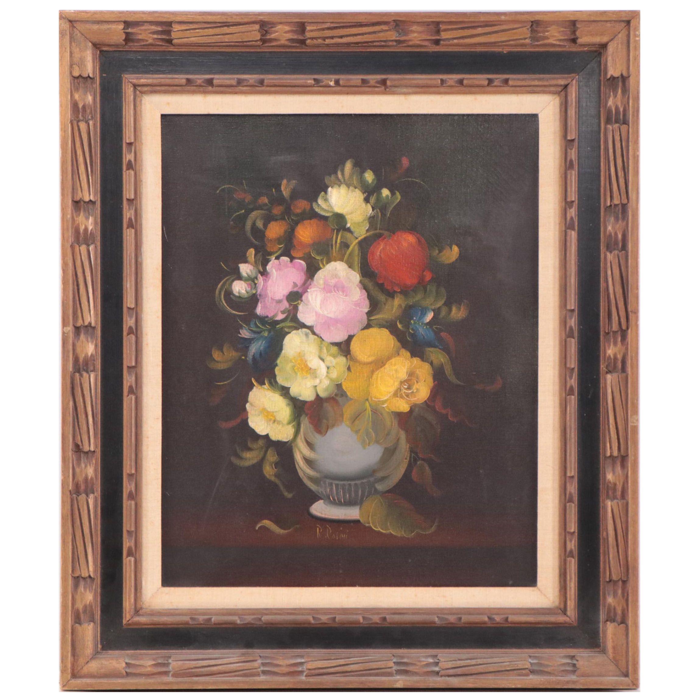R. Rosini Oil Painting of Floral Still Life, Mid-20th Century