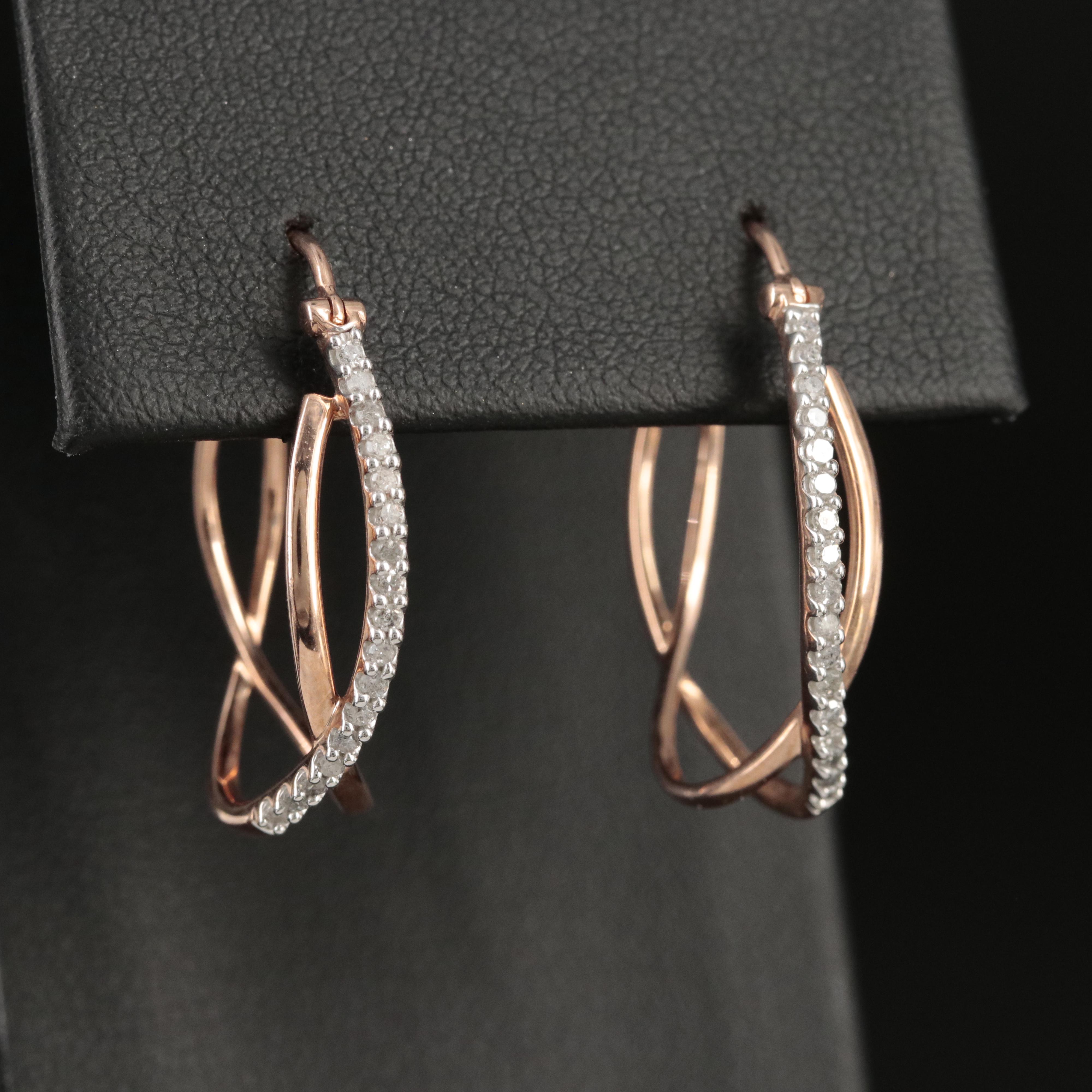 10K Rose Gold 0.26 CTW Diamond Crossover Hoop Earrings